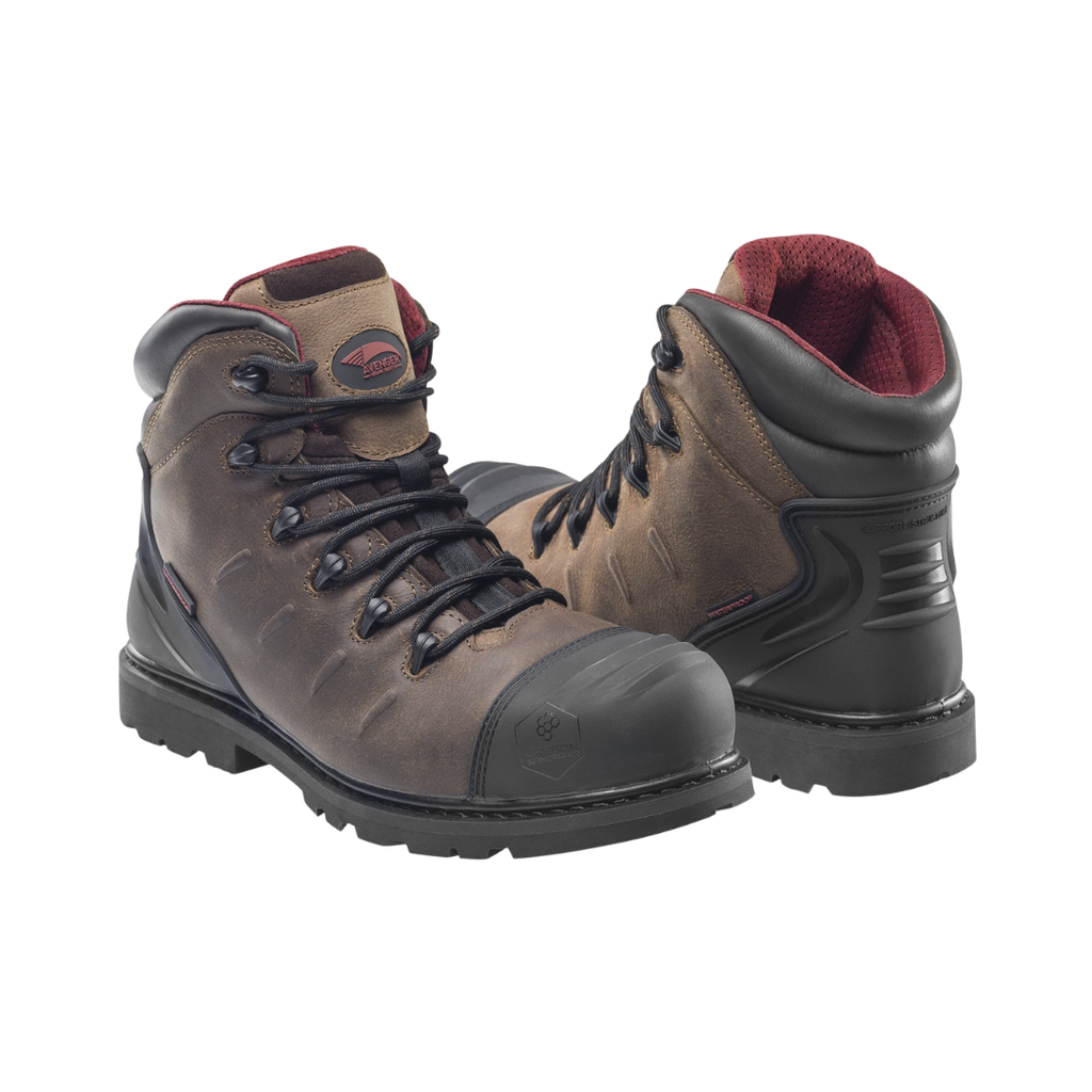 Side view of the Avenger Men’s Hammer Carbon Toe Boot in Brown featuring a rugged full-grain leather upper, waterproof membrane construction, ASTM-rated carbon nano safety toe, cushioned PU insole, cement construction, and oil- & slip-resistant outsole designed for demanding work environments.
