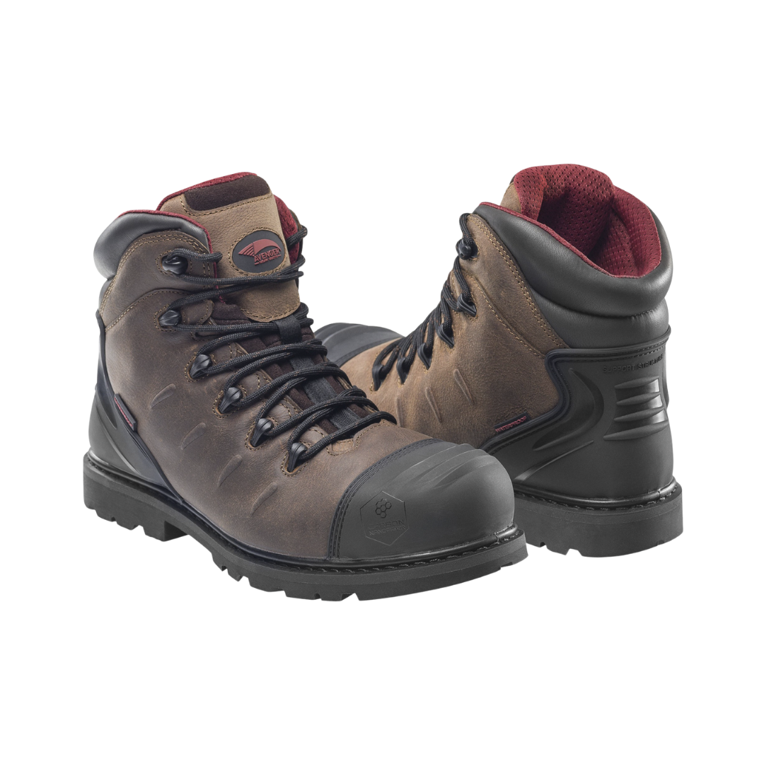 Side view of the Avenger Men’s Hammer Carbon Toe Boot in Brown featuring a rugged full-grain leather upper, waterproof membrane construction, ASTM-rated carbon nano safety toe, cushioned PU insole, cement construction, and oil- & slip-resistant outsole designed for demanding work environments.