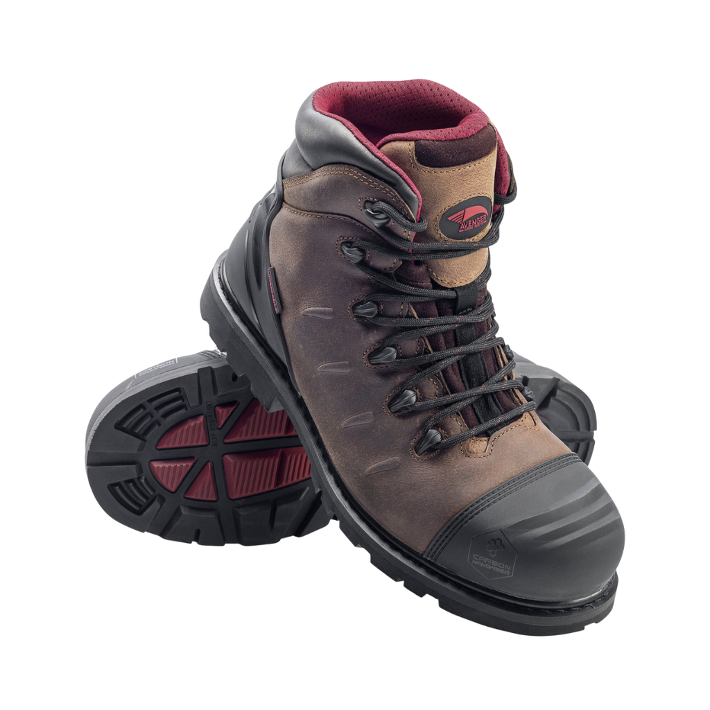Side view of the Avenger Men’s Hammer Carbon Toe Boot in Brown featuring a rugged full-grain leather upper, waterproof membrane construction, ASTM-rated carbon nano safety toe, cushioned PU insole, cement construction, and oil- & slip-resistant outsole designed for demanding work environments.