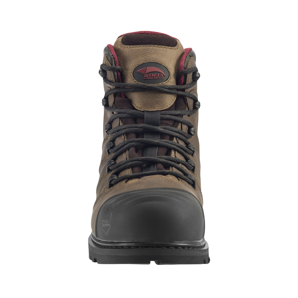 Front view of the Avenger Men’s Hammer Carbon Toe Boot in Brown showcasing the lightweight ASTM F2413-18 carbon nano safety toe, reinforced leather toe area, and durable construction designed for impact protection, comfort, and additional forefoot space during long workdays.