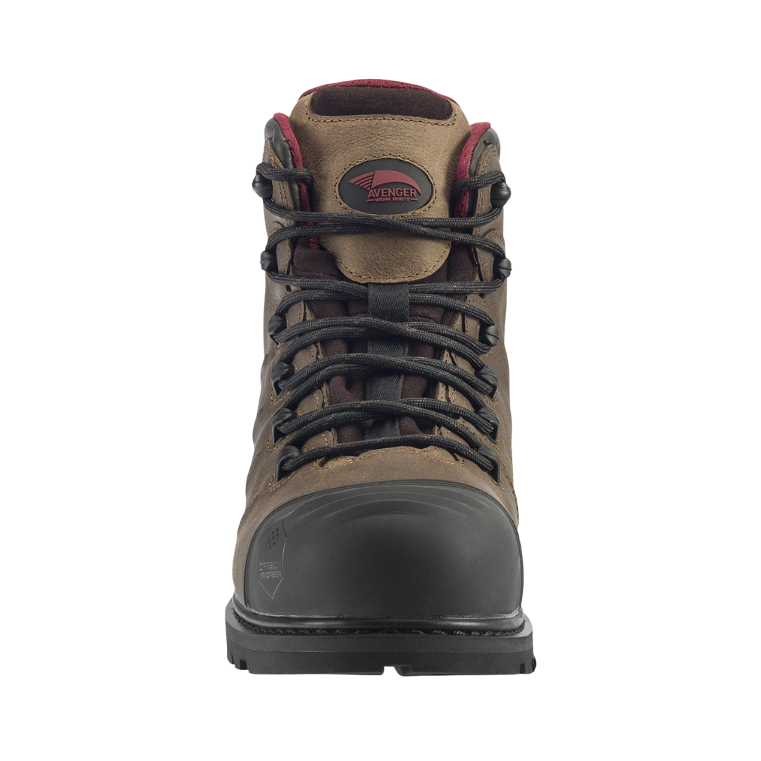 Front view of the Avenger Men’s Hammer Carbon Toe Boot in Brown showcasing the lightweight ASTM F2413-18 carbon nano safety toe, reinforced leather toe area, and durable construction designed for impact protection, comfort, and additional forefoot space during long workdays.
