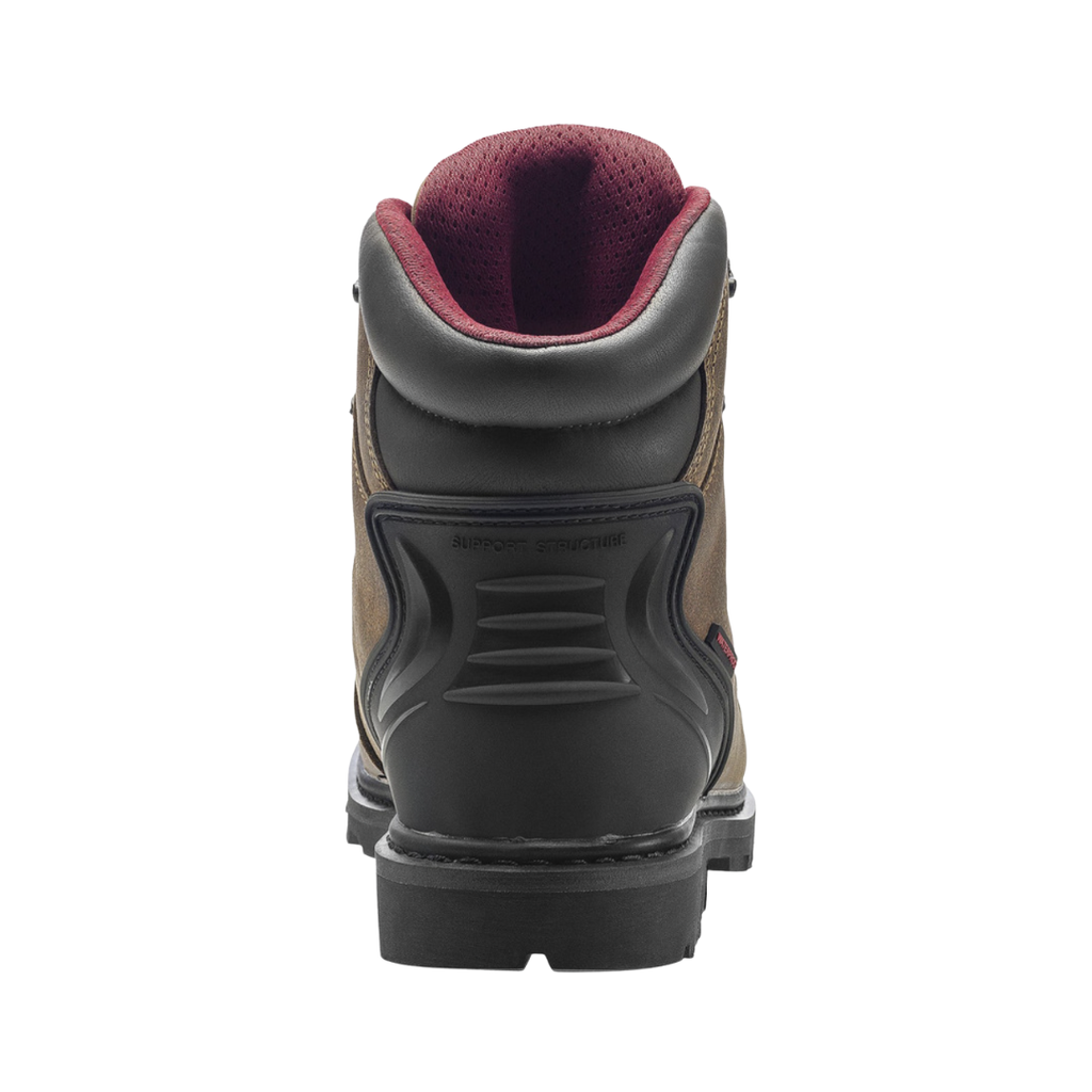 Back heel view of the Avenger Men’s Hammer Carbon Toe Boot in Brown highlighting the reinforced heel construction, supportive boot collar, durable full-grain leather upper, and stable outsole platform designed for enhanced comfort, durability, and reduced fatigue.