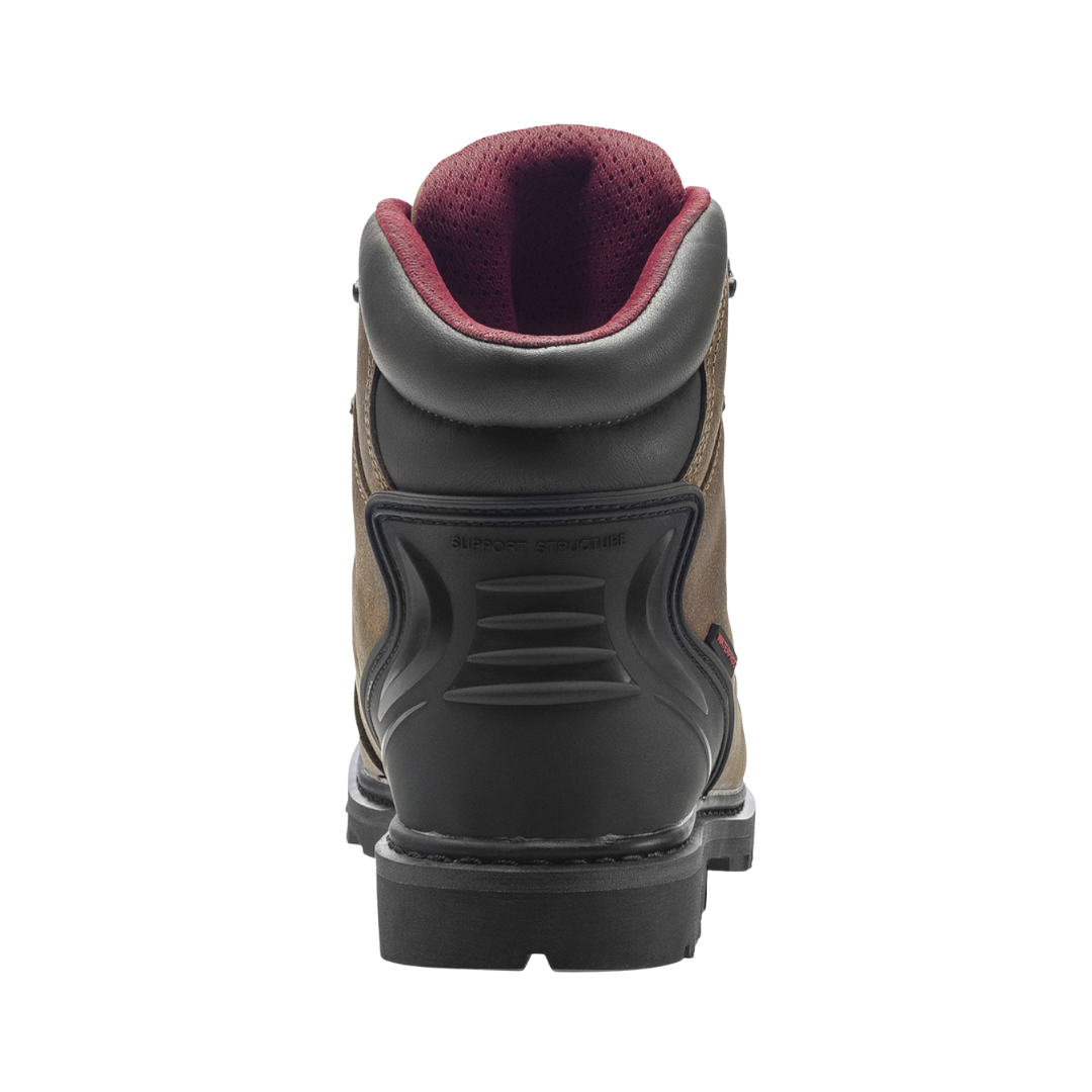 Back heel view of the Avenger Men’s Hammer Carbon Toe Boot in Brown highlighting the reinforced heel construction, supportive boot collar, durable full-grain leather upper, and stable outsole platform designed for enhanced comfort, durability, and reduced fatigue.