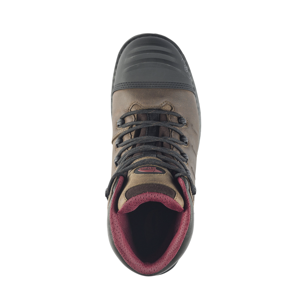 Top view of the Avenger Men’s Hammer Carbon Toe Boot in Brown displaying the waterproof leather upper, lace-up closure, padded collar, cushioned interior, and removable PU insole designed for shock absorption, arch support, and custom orthotic compatibility.