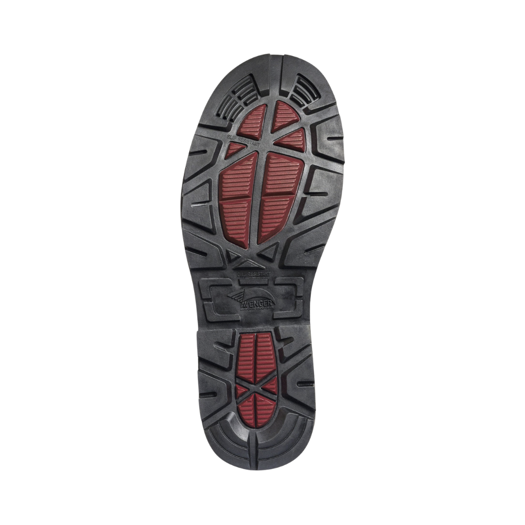 Bottom outsole view of the Avenger Men’s Hammer Carbon Toe Boot in Brown featuring the oil- and slip-resistant rubber outsole with durable traction designed for stability on slick or uneven surfaces while supporting conditions such as plantar fasciitis, heel pain, flat feet, overpronation, joint pain, knee pain, and general foot fatigue.