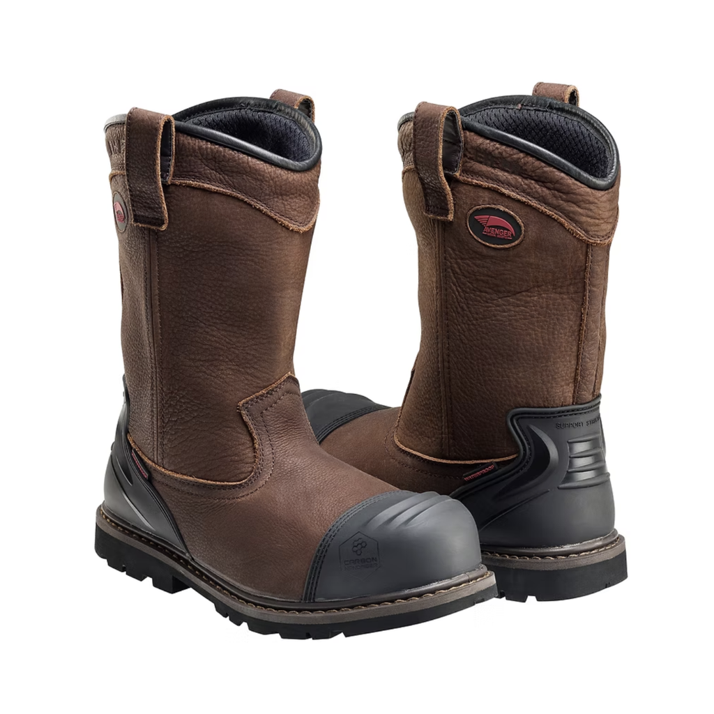 Side view of the Avenger Men’s Hammer Wellington 8" Carbon Toe Boot in Brown featuring a rugged waterproof leather upper, 8-inch Wellington pull-on design, ASTM-rated carbon safety toe, molded toe and heel covers, removable PUREcomfort® dual-density footbed, and durable Flex-Welt cement construction designed for demanding work environments.