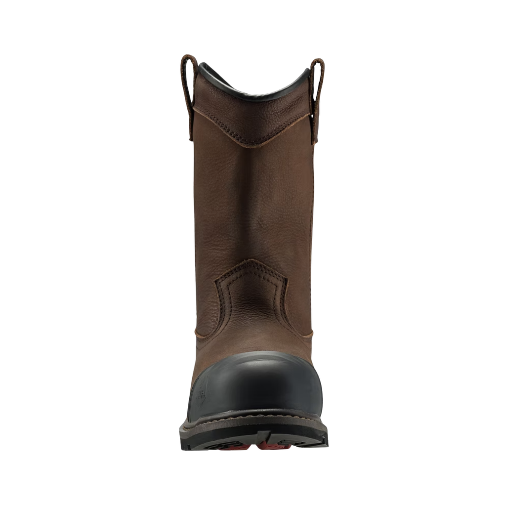 Front view of the Avenger Men’s Hammer Wellington 8" Carbon Toe Boot in Brown showcasing the lightweight ASTM F2413-18 carbon safety toe, reinforced molded toe cover, and durable waterproof leather construction designed for maximum protection, comfort, and forefoot space during long workdays.