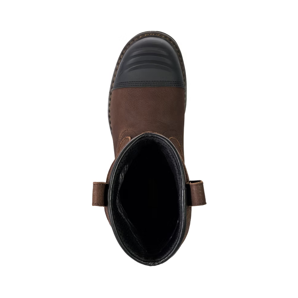 Top view of the Avenger Men’s Hammer Wellington 8" Carbon Toe Boot in Brown displaying the smooth waterproof leather upper, easy pull-on Wellington entry, wide opening, removable PUREcomfort® dual-density cushioned footbed, and supportive interior designed for shock absorption, comfort, and custom orthotic compatibility.