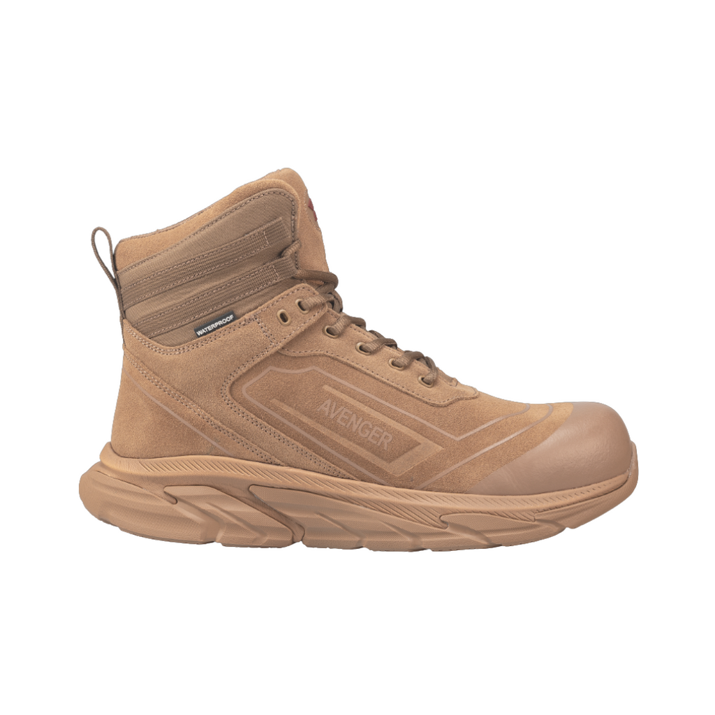 Side view of the Avenger Men’s K4 Aluminum Toe Boot in Coyote featuring a tactical-inspired mesh and synthetic upper, ASTM-rated aluminum safety toe, lightweight cement construction, EVA midsole cushioning, and slip-resistant rubber outsole designed for demanding work environments.
