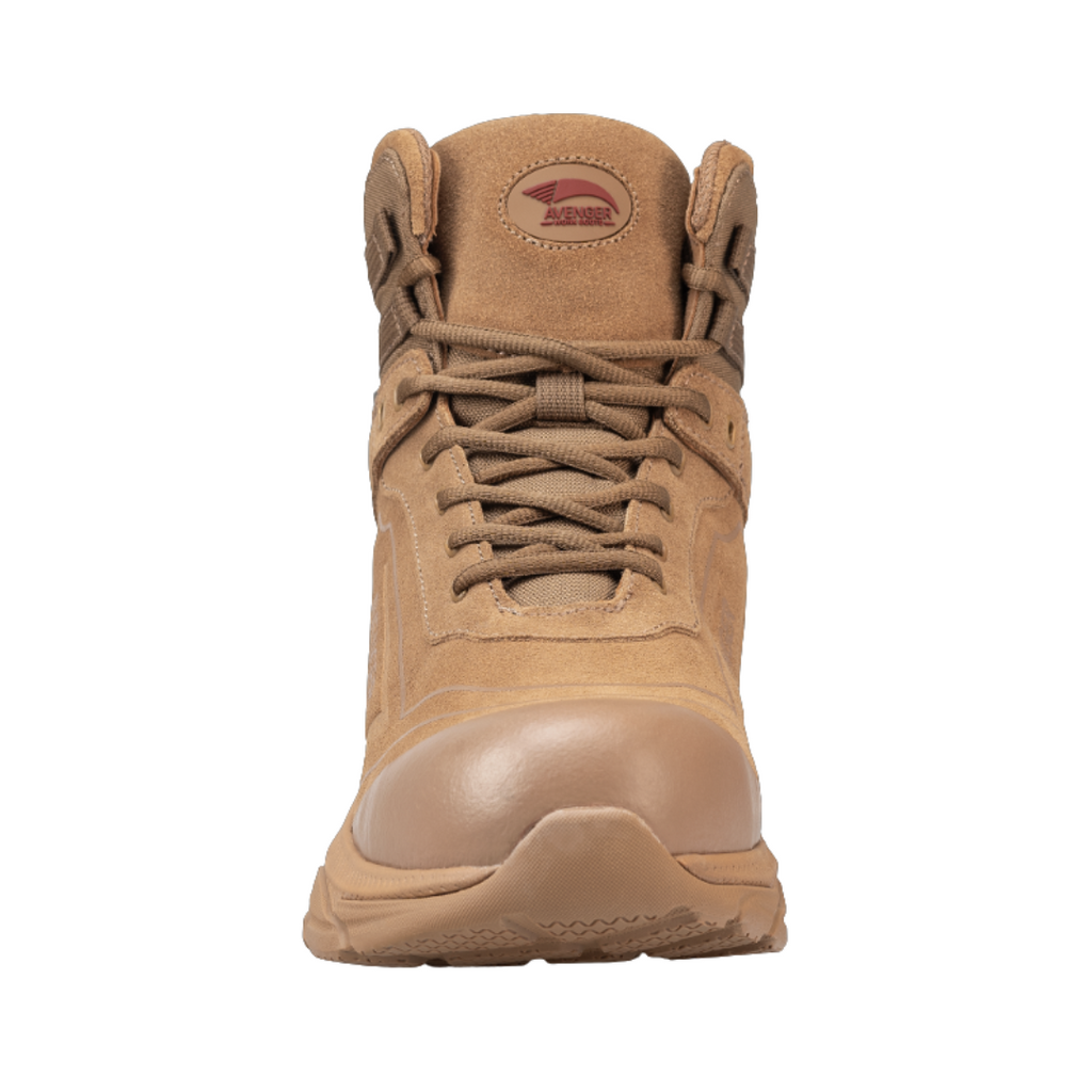 Front view of the Avenger Men’s K4 Aluminum Toe Boot in Coyote showcasing the lightweight ASTM F2413-18 aluminum safety toe, durable reinforced toe area, breathable upper materials, and is designed for protection, comfort, and natural forefoot movement during long workdays.