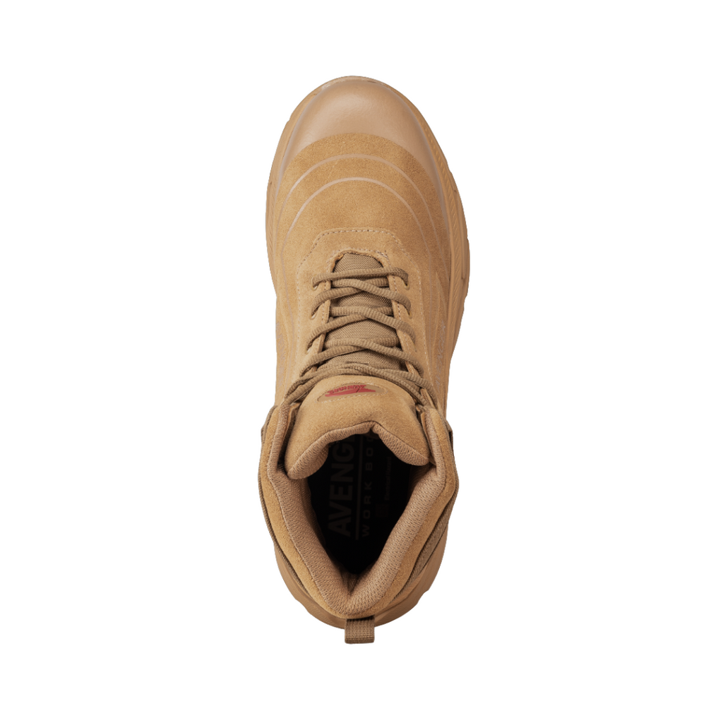 Top view of the Avenger Men’s K4 Aluminum Toe Boot in Coyote displaying the breathable mesh and synthetic upper, lace-up closure, padded collar, metal-free hardware, and cushioned interior designed for all-day comfort and a secure fit.