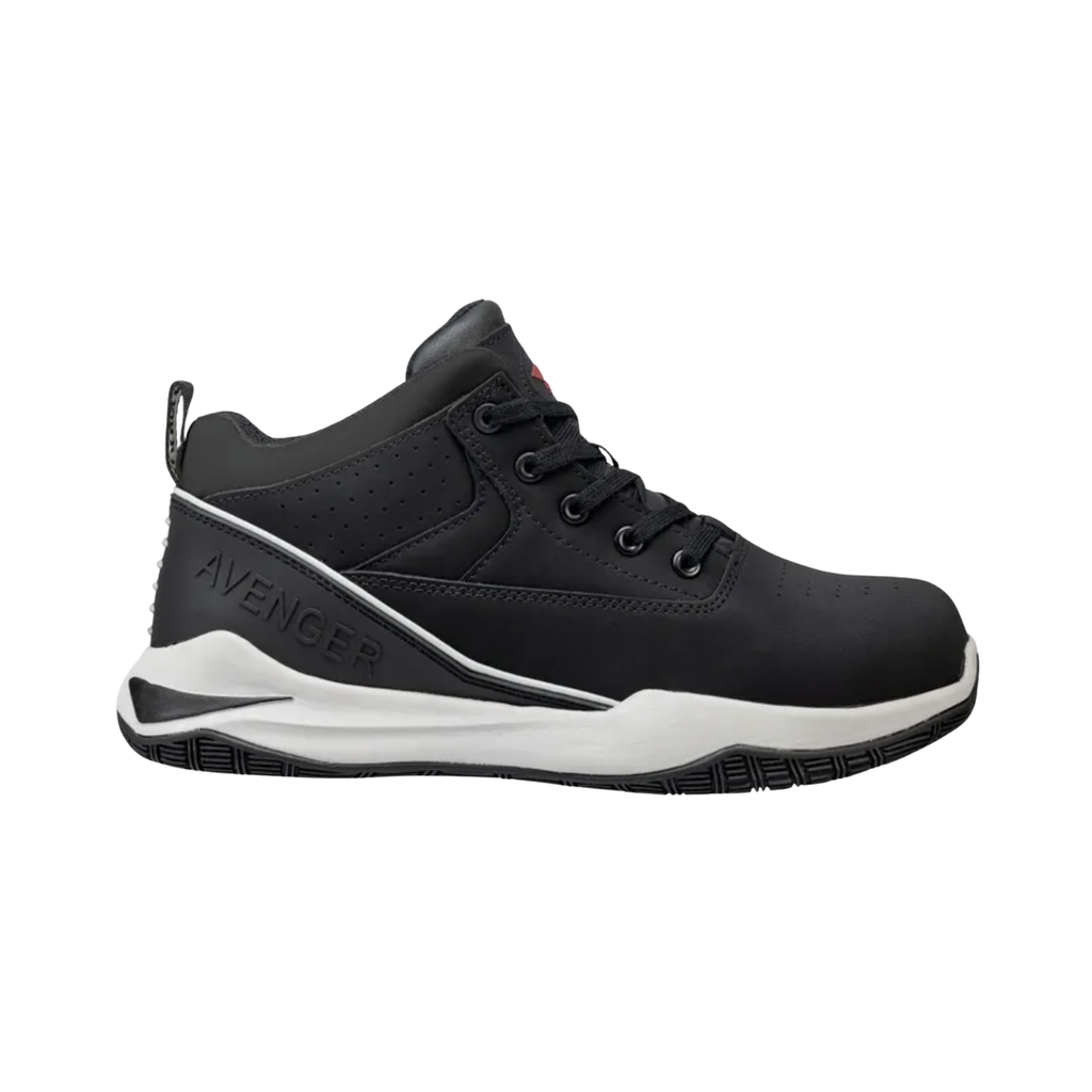 Side view of the Avenger Men’s Reaction Mid Aluminum Toe Boot in Black featuring a rugged full-grain leather upper, mid-height boot design, ASTM-rated aluminum safety toe, cushioned EVA midsole, padded collar, and oil- & slip-resistant outsole designed for demanding work environments.