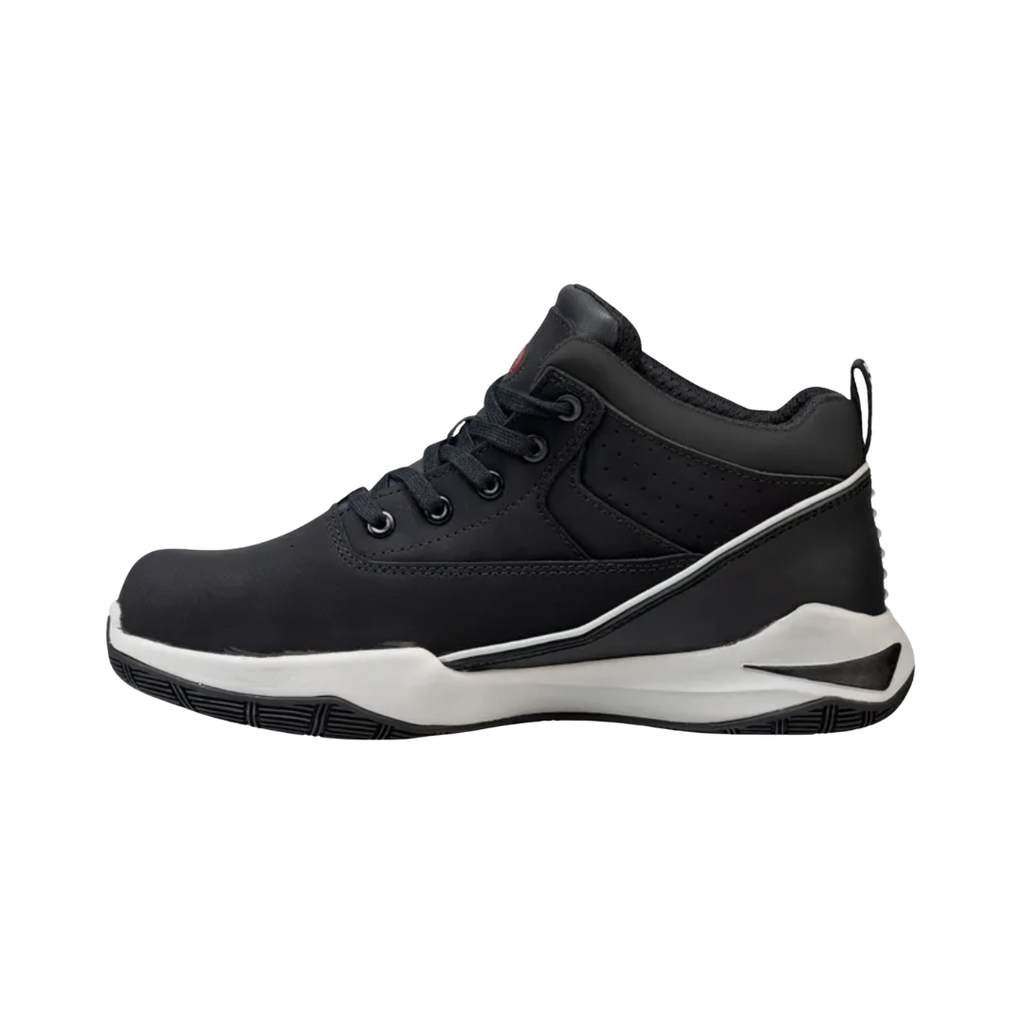 Side view of the Avenger Men’s Reaction Mid Aluminum Toe Boot in Black featuring a rugged full-grain leather upper, mid-height boot design, ASTM-rated aluminum safety toe, cushioned EVA midsole, padded collar, and oil- & slip-resistant outsole designed for demanding work environments.