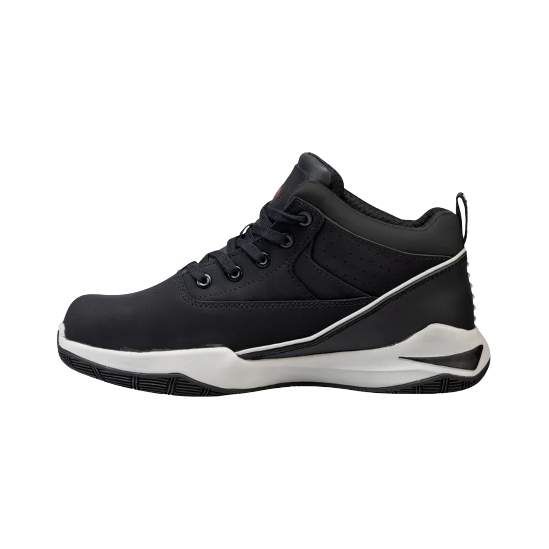 Side view of the Avenger Men’s Reaction Mid Aluminum Toe Boot in Black featuring a rugged full-grain leather upper, mid-height boot design, ASTM-rated aluminum safety toe, cushioned EVA midsole, padded collar, and oil- & slip-resistant outsole designed for demanding work environments.