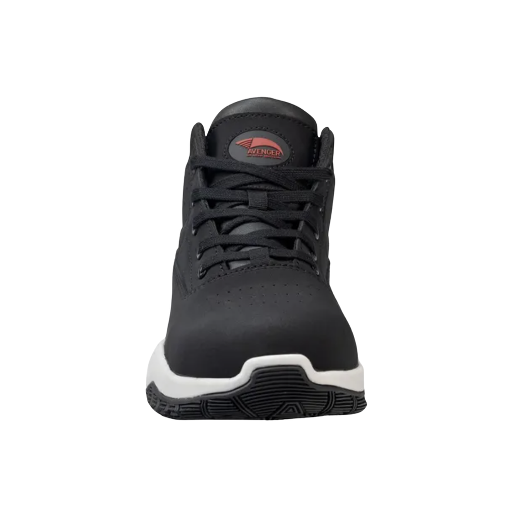 Front view of the Avenger Men’s Reaction Mid Aluminum Toe Boot in Black showcasing the lightweight ASTM F2413 aluminum safety toe, durable leather toe construction, rounded toe design, and is designed for protection, comfort, and natural forefoot movement during long workdays.