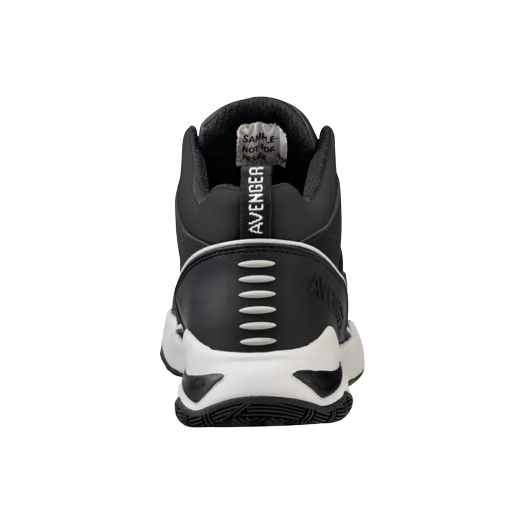Back heel view of the Avenger Men’s Reaction Mid Aluminum Toe Boot in Black highlighting the supportive mid-height ankle design, padded heel collar, reinforced leather heel construction, and stable outsole platform for enhanced durability, comfort, and jobsite performance.