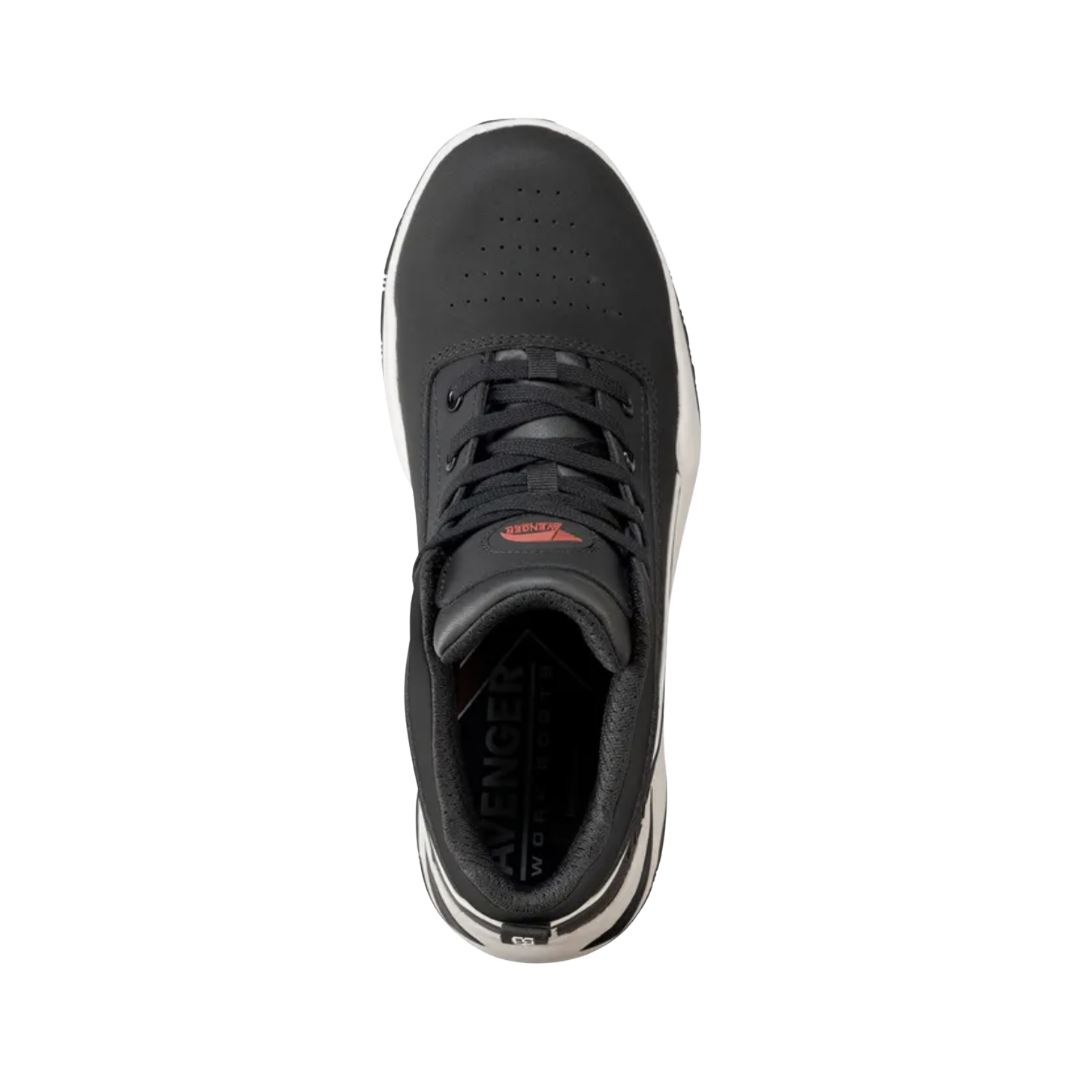 Top view of the Avenger Men’s Reaction Mid Aluminum Toe Boot in Black displaying the full-grain leather upper, lace-up closure, padded collar and tongue, moisture-wicking mesh lining, and removable cushioned footbed designed for shock absorption, all-day comfort, and custom orthotic compatibility.