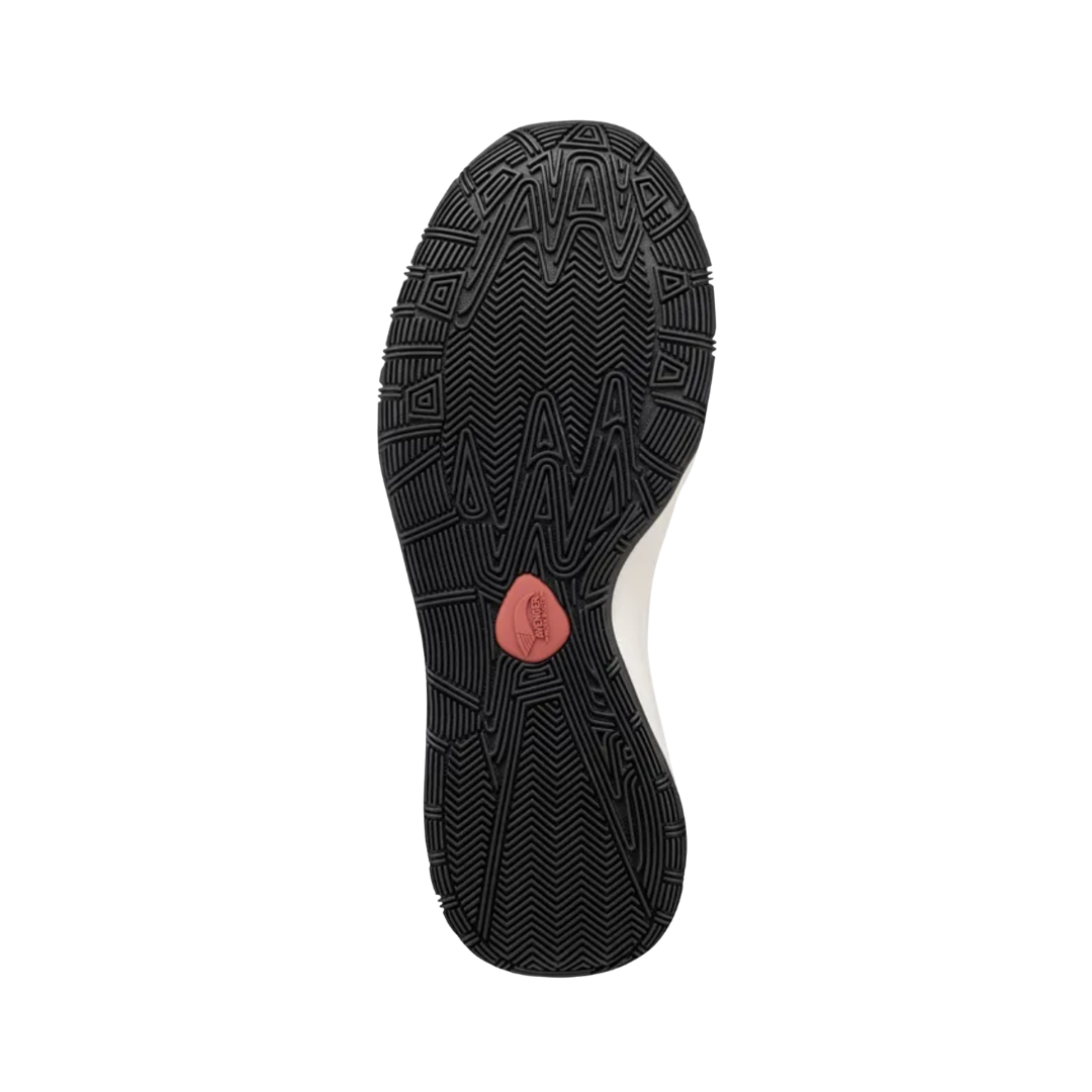 Bottom outsole view of the Avenger Men’s Reaction Mid Aluminum Toe Boot in Black featuring the oil- & slip-resistant outsole with durable traction designed for stability on slick or hazardous surfaces while providing support for conditions such as plantar fasciitis, heel pain, arch discomfort, metatarsalgia, ankle fatigue, joint stress, and general foot fatigue.