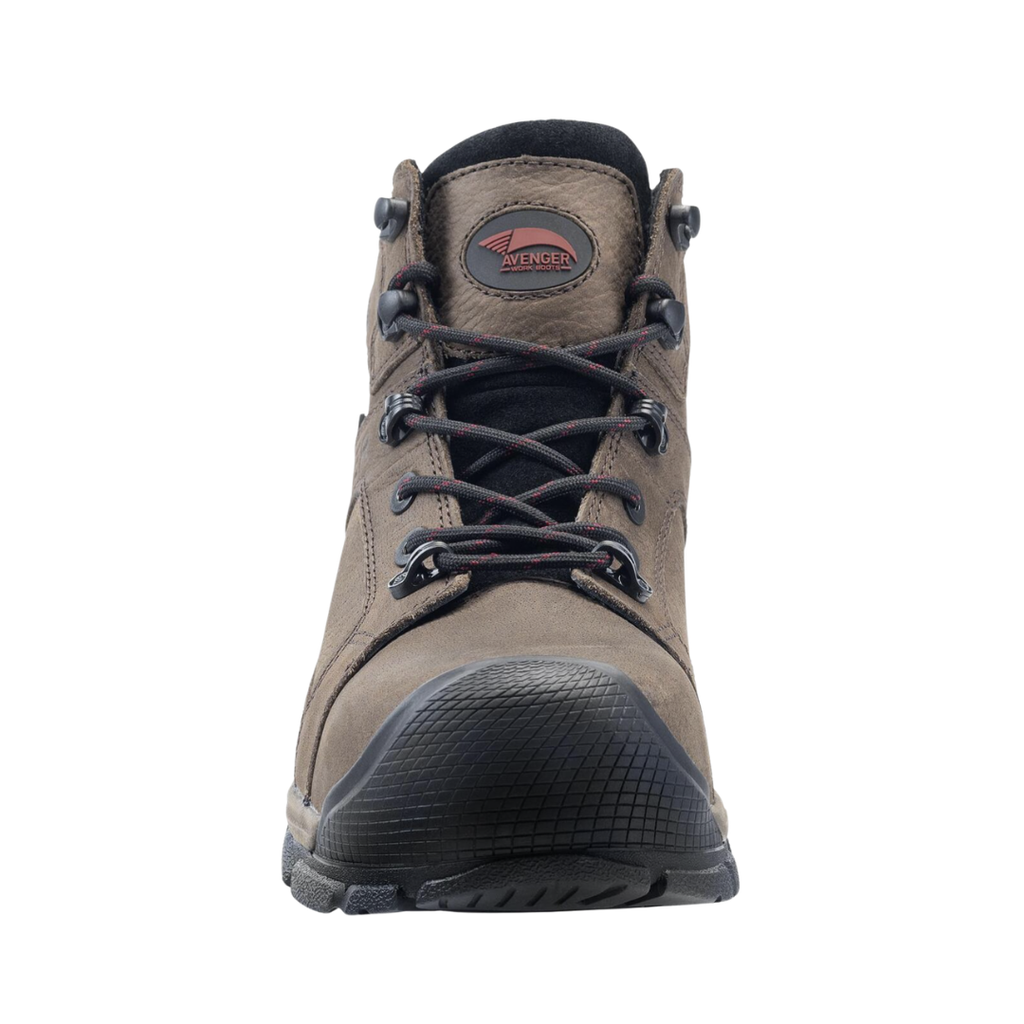 Front view of the Avenger Men’s Ripsaw Aluminum Toe Boot in Brown showcasing the lightweight aluminum safety toe, reinforced toe protection, durable leather construction, and is designed to provide impact protection, comfort, and additional forefoot space during long workdays.