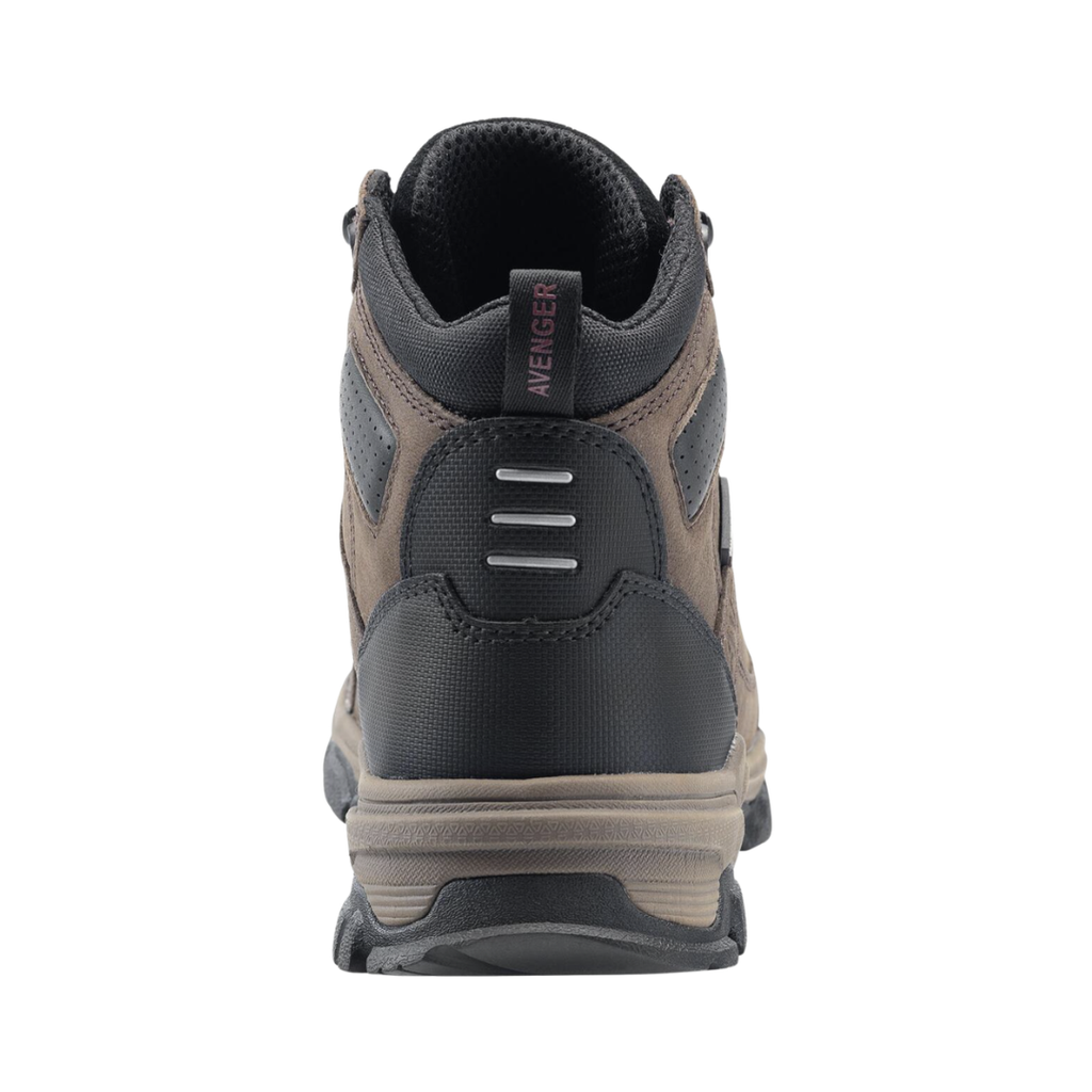 Back heel view of the Avenger Men’s Ripsaw Aluminum Toe Boot in Brown highlighting the supportive heel structure, padded ankle collar, waterproof membrane, cushioned interior, and stable outsole construction for enhanced comfort and protection in wet or rugged conditions.