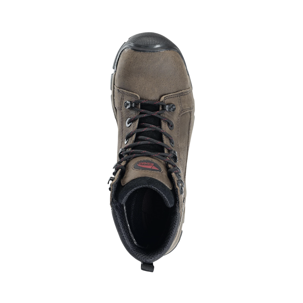 Top view of the Avenger Men’s Ripsaw Aluminum Toe Boot in Brown displaying the full-grain leather upper, secure lace-up closure, padded tongue and collar, breathable interior, and cushioned insole designed for shock absorption, support, and all-day workplace comfort.