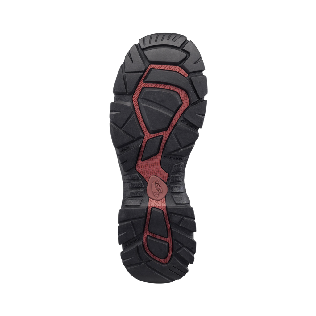 Bottom outsole view of the Avenger Men’s Ripsaw Aluminum Toe Boot in Brown featuring the oil- and slip-resistant rubber outsole with aggressive tread pattern designed for superior traction on slick, uneven, dirt, gravel, and challenging work surfaces while supporting conditions such as plantar fasciitis, flat feet, heel pain, heel spurs, arthritis, joint pain, lower back pain, knee pain, and general foot fatigue.