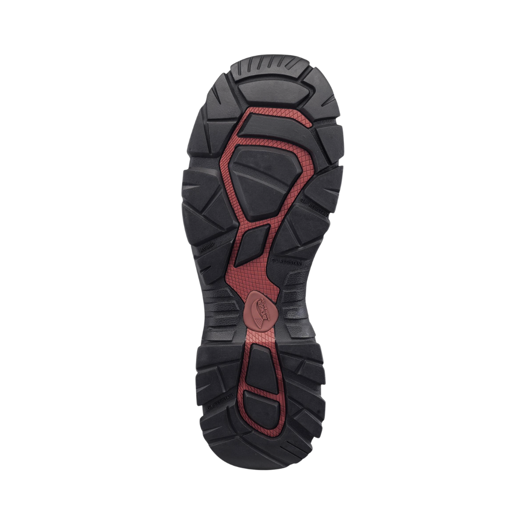 Bottom outsole view of the Avenger Men’s Ripsaw Aluminum Toe Boot in Brown featuring the oil- and slip-resistant rubber outsole with aggressive tread pattern designed for superior traction on slick, uneven, dirt, gravel, and challenging work surfaces while supporting conditions such as plantar fasciitis, flat feet, heel pain, heel spurs, arthritis, joint pain, lower back pain, knee pain, and general foot fatigue.