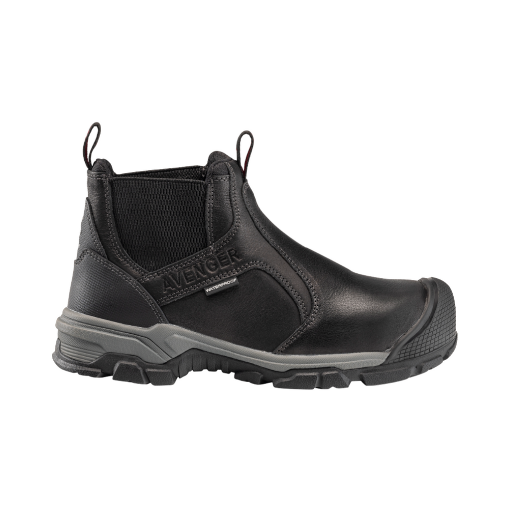 Avenger Men’s Ripsaw Romeo Slip-On Aluminum Toe Boot in Black featuring a rugged full-grain leather upper, easy slip-on Romeo design, ASTM-rated alloy safety toe, waterproof membrane lining, dual-density PU insole, and oil- and slip-resistant rubber outsole built for demanding work environments.
