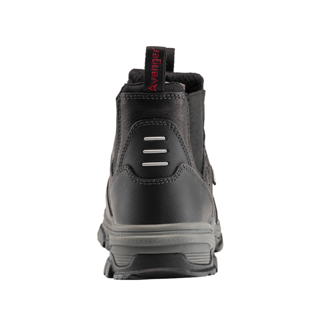 Back heel view of the Avenger Men’s Ripsaw Romeo Slip-On Aluminum Toe Boot in Black highlighting the supportive heel structure, elastic gore panels for a secure fit, waterproof protection, cement construction, and flexible outsole designed for all-day workplace performance.