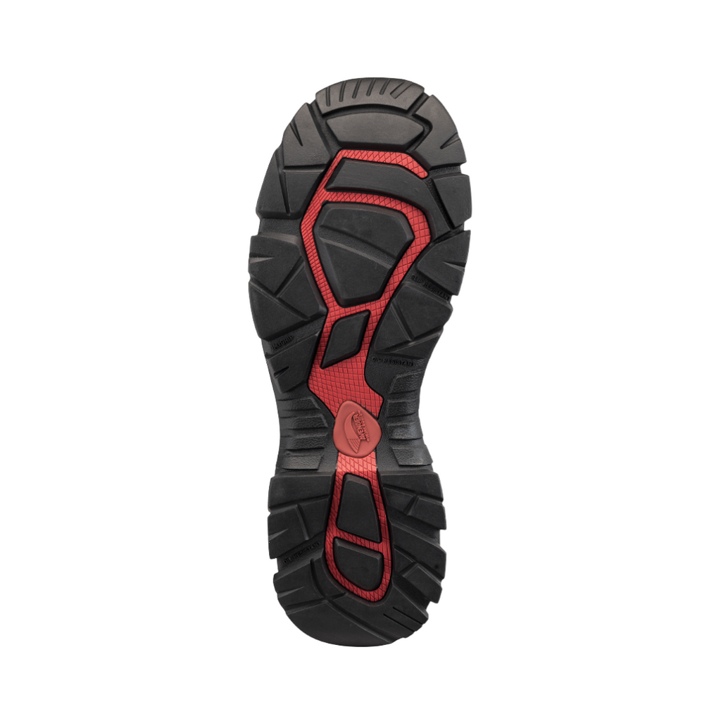 Bottom outsole view of the Avenger Men’s Ripsaw Romeo Slip-On Aluminum Toe Boot in Black featuring the oil- and slip-resistant rubber tread designed for traction on slick work surfaces while providing stability and support for conditions such as plantar fasciitis, flat feet, overpronation, heel spurs, joint pain, arthritis, and general foot fatigue.