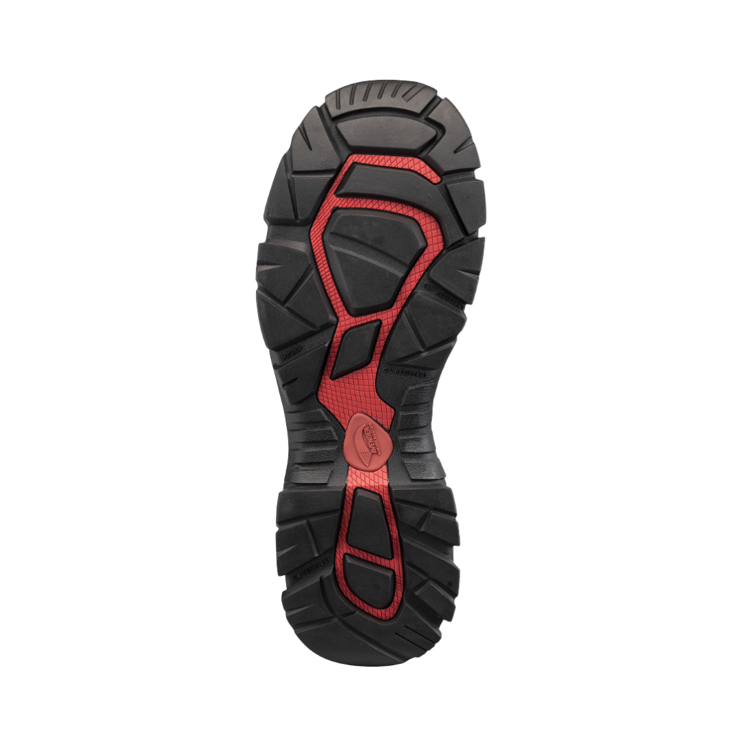 Bottom outsole view of the Avenger Men’s Ripsaw Romeo Slip-On Aluminum Toe Boot in Black featuring the oil- and slip-resistant rubber tread designed for traction on slick work surfaces while providing stability and support for conditions such as plantar fasciitis, flat feet, overpronation, heel spurs, joint pain, arthritis, and general foot fatigue.