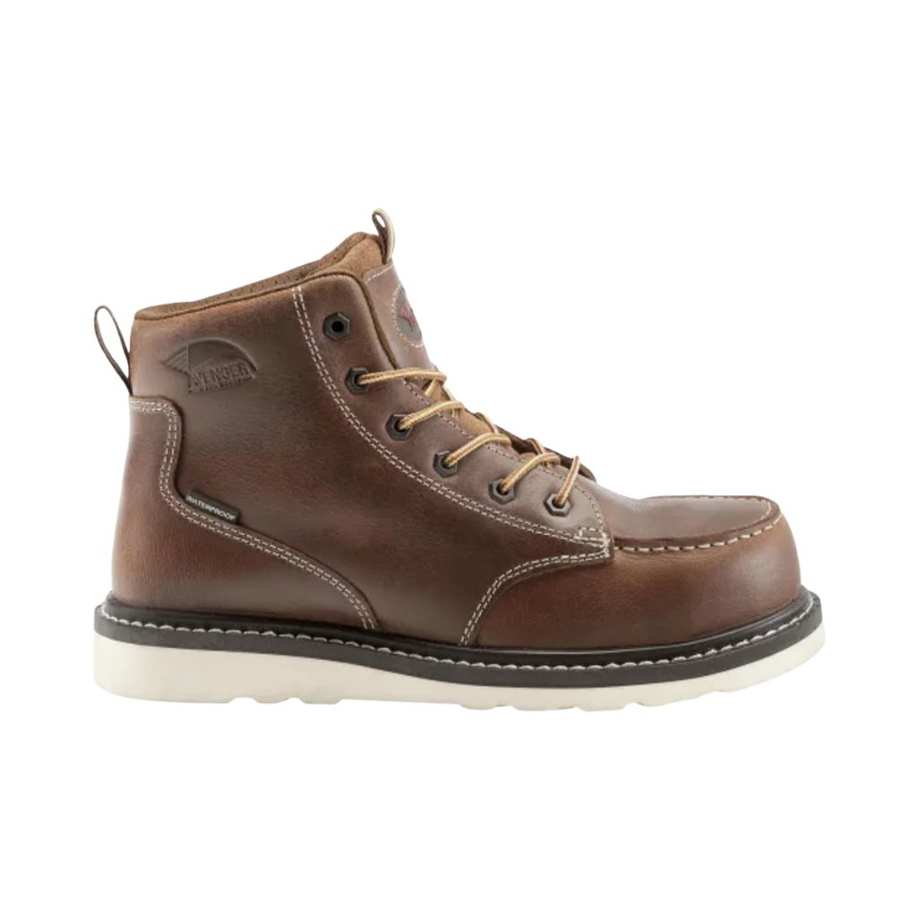 Avenger Men’s Wedge Moc Carbon Nano Toe Boot in Tobacco featuring a classic moc toe work boot silhouette, premium full-grain leather upper, lightweight ASTM-rated carbon nano safety toe, Goodyear welt construction, cushioned PU insole, and wedge rubber outsole designed for comfort on demanding work surfaces.