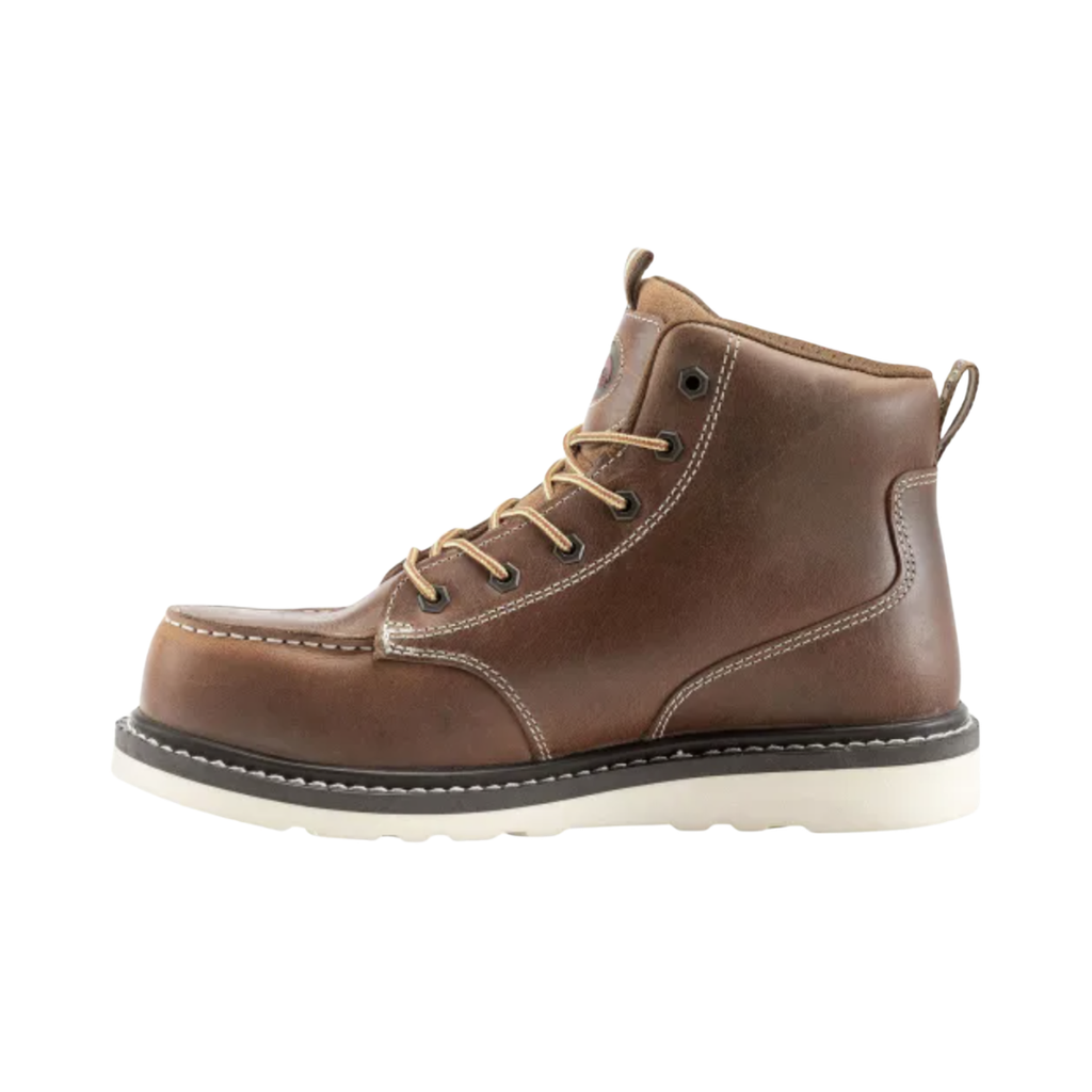 Avenger Men’s Wedge Moc Carbon Nano Toe Boot in Tobacco featuring a classic moc toe work boot silhouette, premium full-grain leather upper, lightweight ASTM-rated carbon nano safety toe, Goodyear welt construction, cushioned PU insole, and wedge rubber outsole designed for comfort on demanding work surfaces.