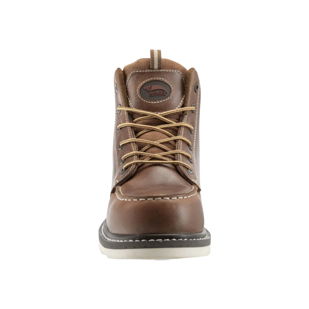 Front view of the Avenger Men’s Wedge Moc Carbon Nano Toe Boot in Tobacco showcasing the moc toe design, lightweight carbon nano safety toe protection, durable leather construction, and roomy forefoot fit designed for long hours on concrete floors, warehouses, and industrial job sites.