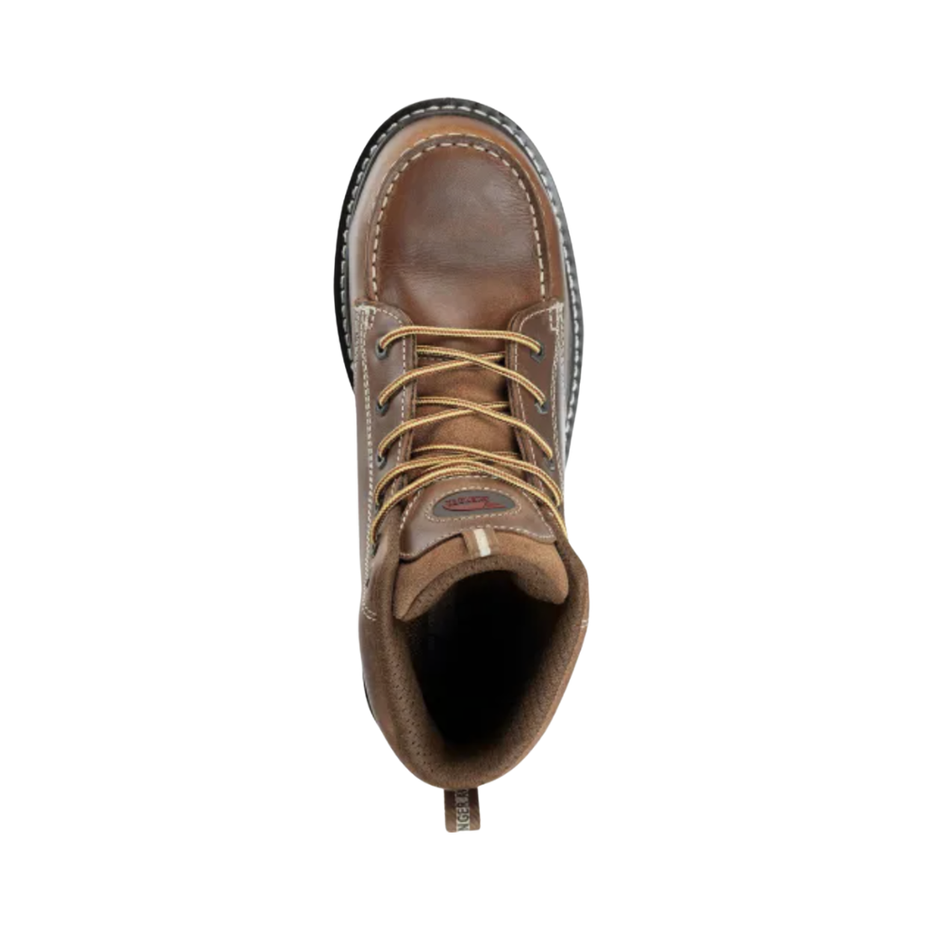 Top view of the Avenger Men’s Wedge Moc Carbon Nano Toe Boot in Tobacco displaying the full-grain leather upper, traditional lace-up design, padded collar, comfortable interior, and removable PU insole providing cushioning, arch support, and all-day comfort.