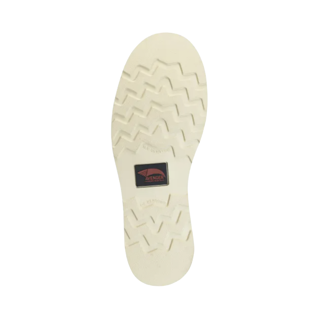 Bottom outsole view of the Avenger Men’s Wedge Moc Carbon Nano Toe Boot in Tobacco featuring the oil- and slip-resistant wedge rubber outsole with a flat-bottom design for increased surface contact, traction, and stability while supporting conditions such as plantar fasciitis, flat feet, heel spurs, joint pain, arthritis, bunions, and lower back pain.