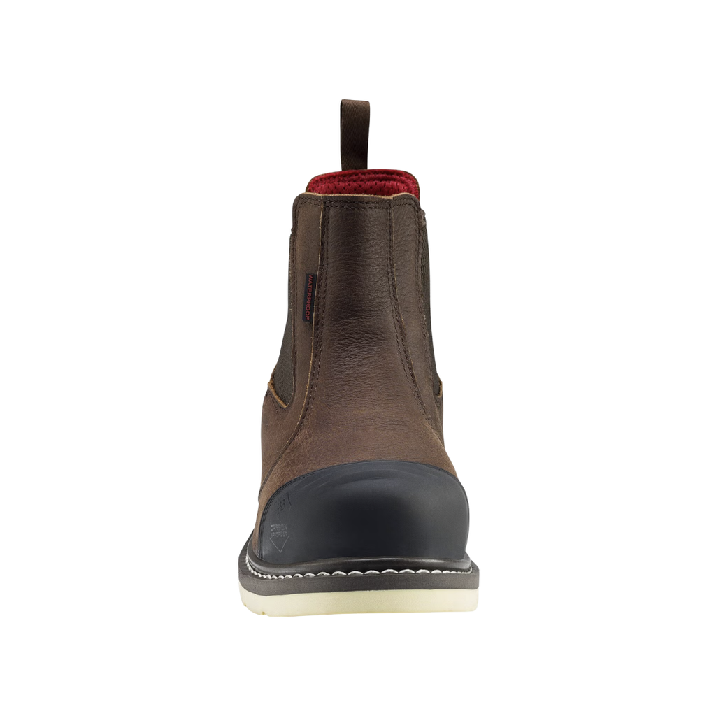 Front view of the Avenger Men’s Wedge Romeo 6" Waterproof Carbon Toe Boot in Brown showcasing the protective carbon nanofiber safety toe, abrasion-resistant bumper toe, durable waterproof leather construction, and wide W fit designed for comfort, protection, and additional forefoot space during long workdays.