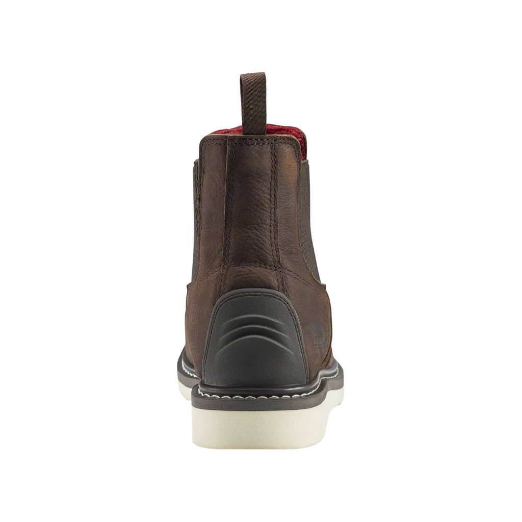 Back heel view of the Avenger Men’s Wedge Romeo 6" Waterproof Carbon Toe Boot in Brown highlighting the supportive 6-inch ankle design, reinforced heel construction, waterproof full-grain leather upper, and stable wedge outsole platform for enhanced comfort and durability.