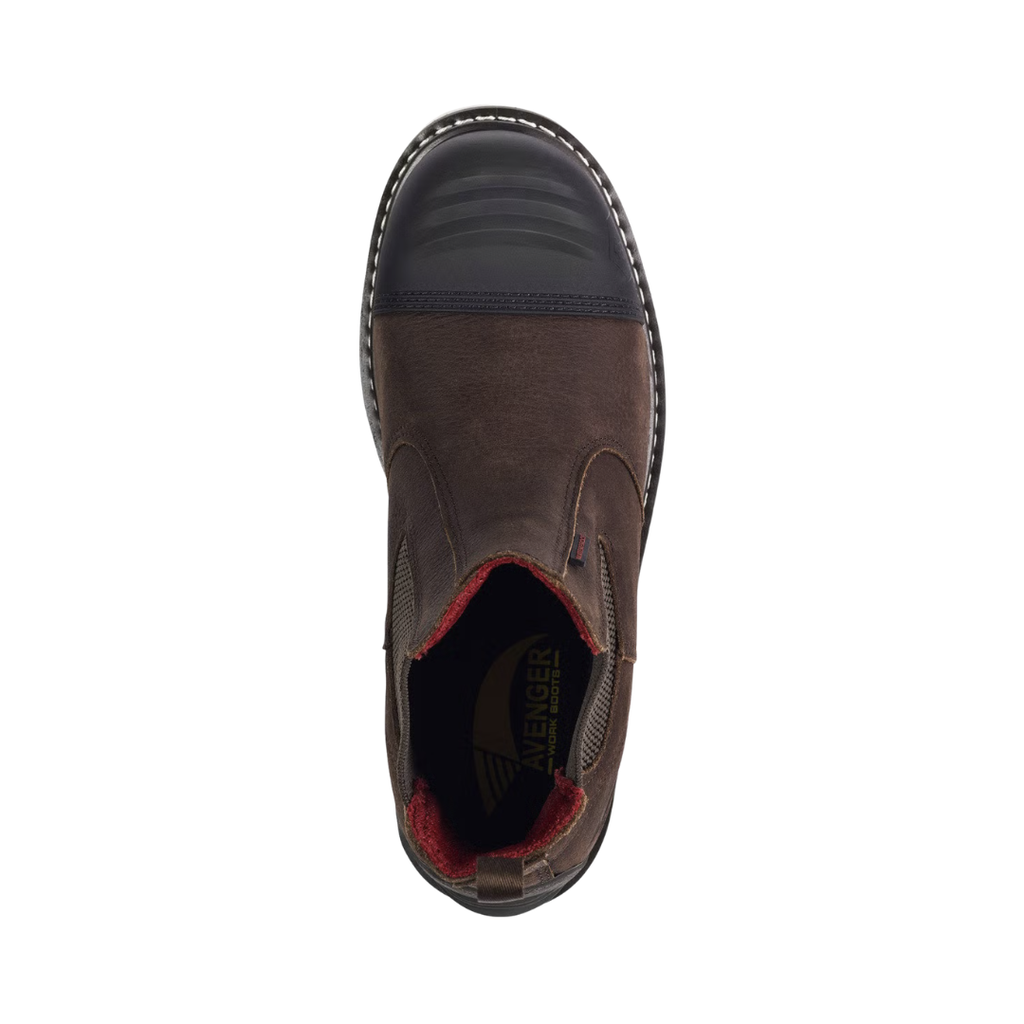Top view of the Avenger Men’s Wedge Romeo 6" Waterproof Carbon Toe Boot in Brown displaying the smooth leather upper, easy slip-on Romeo entry, elastic side panels, padded collar, and removable dual-density cushioned insole designed for shock absorption, arch support, and custom orthotic compatibility.