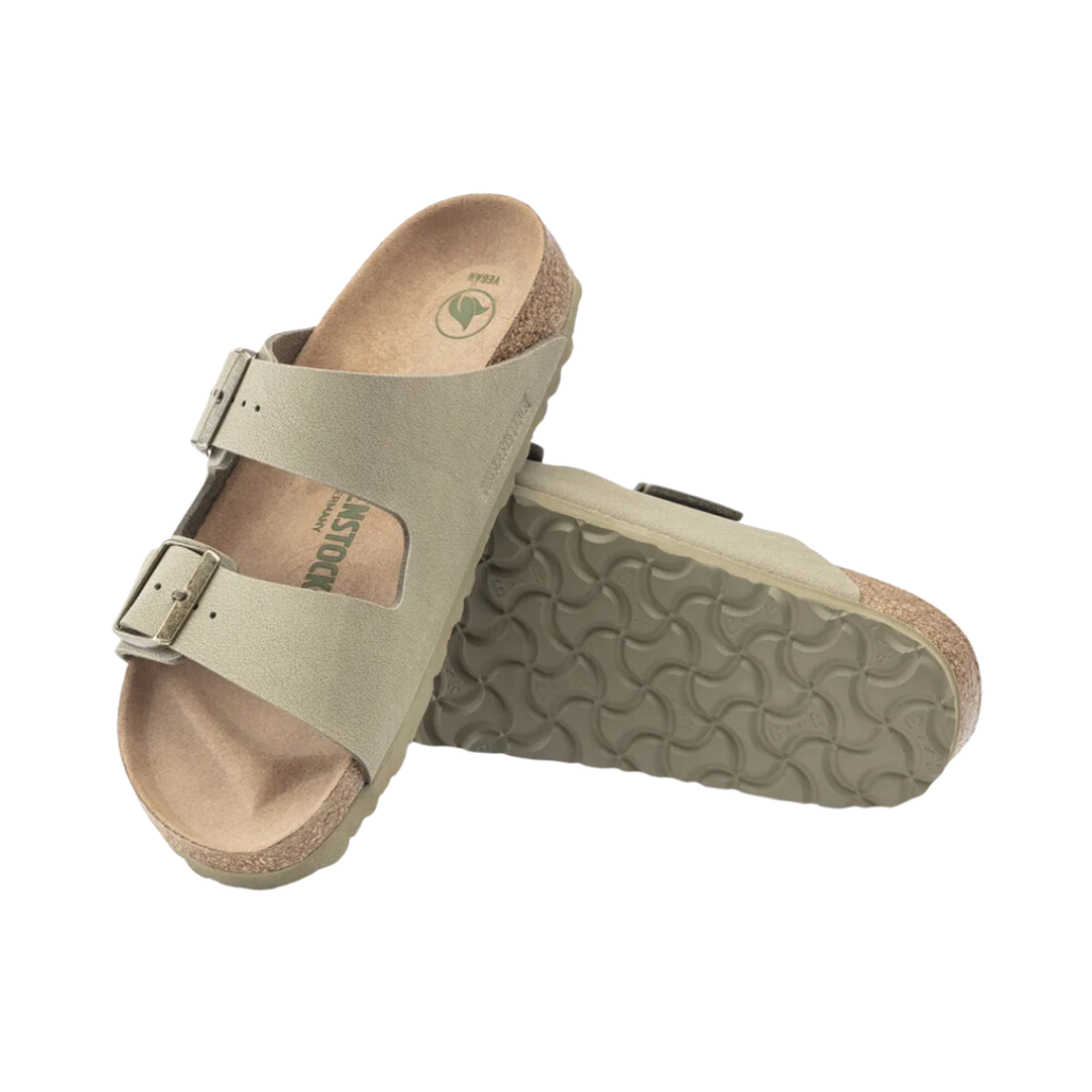 Top/bottom view of the Birkenstock Women’s Arizona Vegan Birkibuc in Khaki, displaying the cushioned cork-latex footbed with arch support, raised toe bar, and deep heel cup, alongside the flexible, shock-absorbing EVA outsole for comfort and stability.
