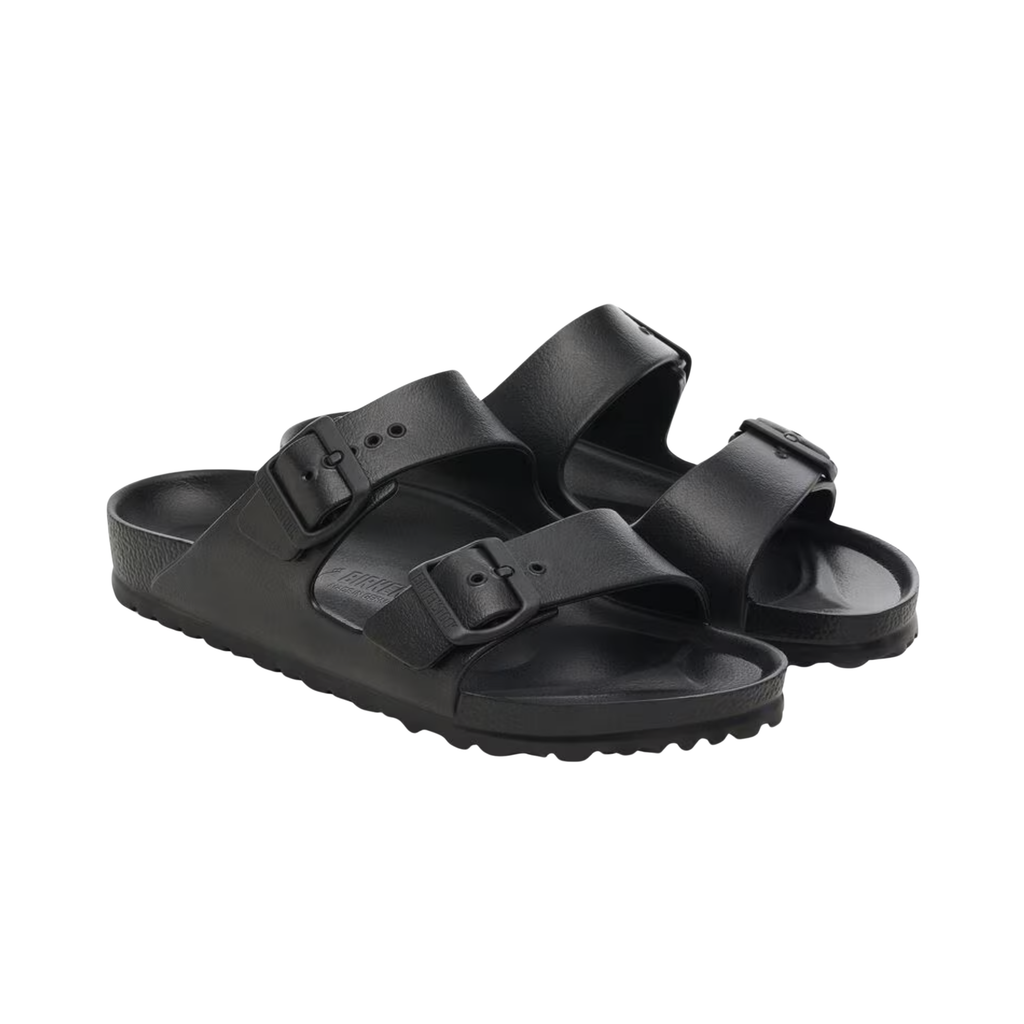 Birkenstock Arizona Essentials EVA in Black featuring a lightweight one-piece molded EVA construction, iconic dual-strap silhouette, adjustable buckles, contoured footbed, and shock-absorbing EVA outsole designed for waterproof comfort and everyday versatility.