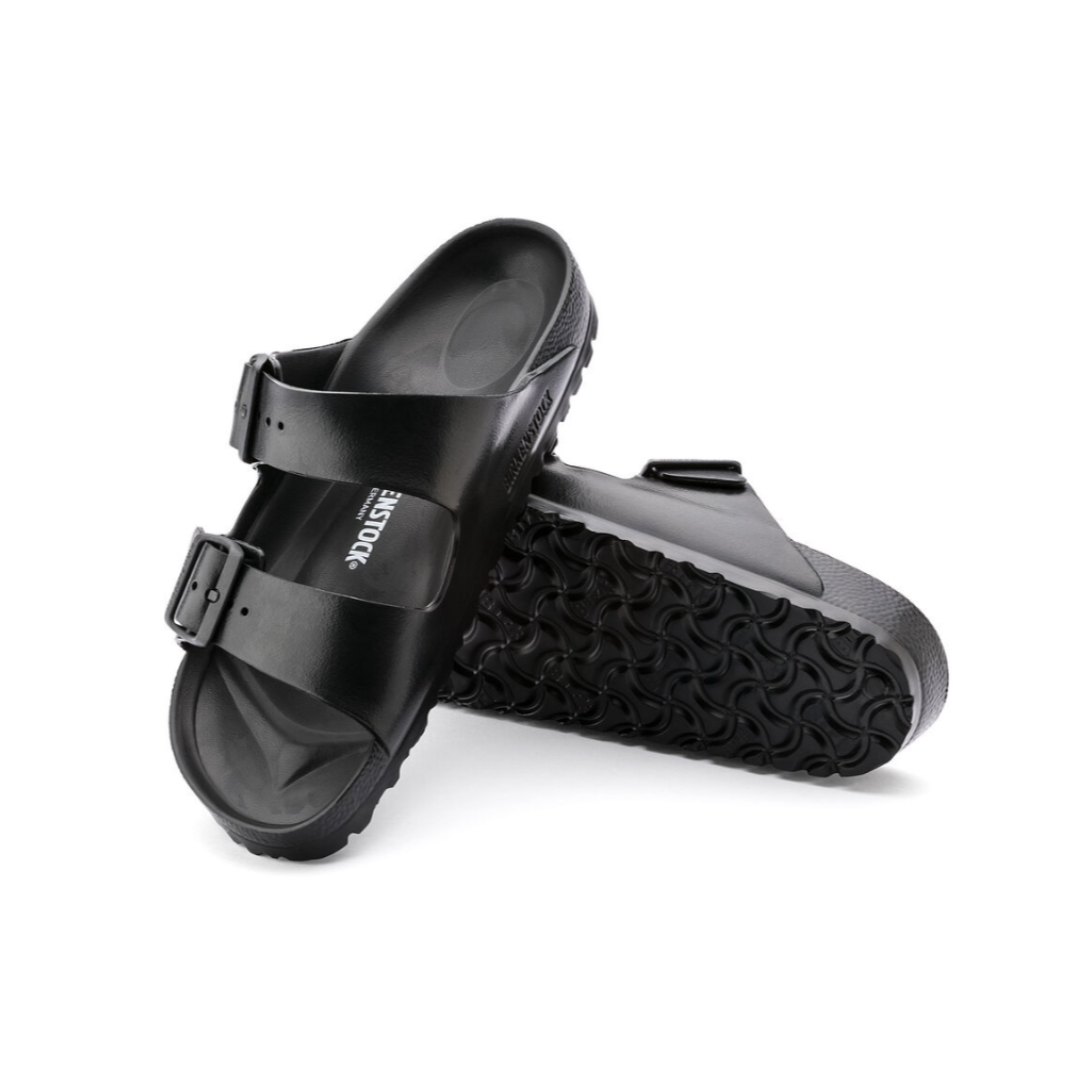 Top/bottom view of the Birkenstock Men’s Arizona Essential EVA in Black, displaying both the contoured footbed with arch support and the flexible, quick-drying EVA outsole for all-day comfort and stability.