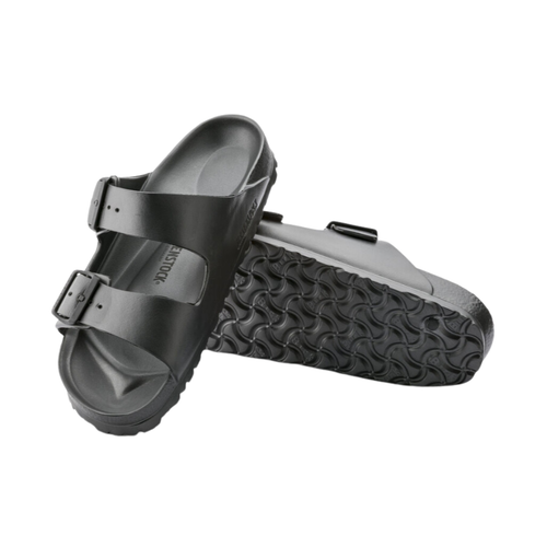Top/bottom view of the Birkenstock Men’s Arizona Essential EVA in Metallic Anthracite, displaying both the contoured footbed with arch support and the flexible, quick-drying EVA outsole for all-day comfort and stability.