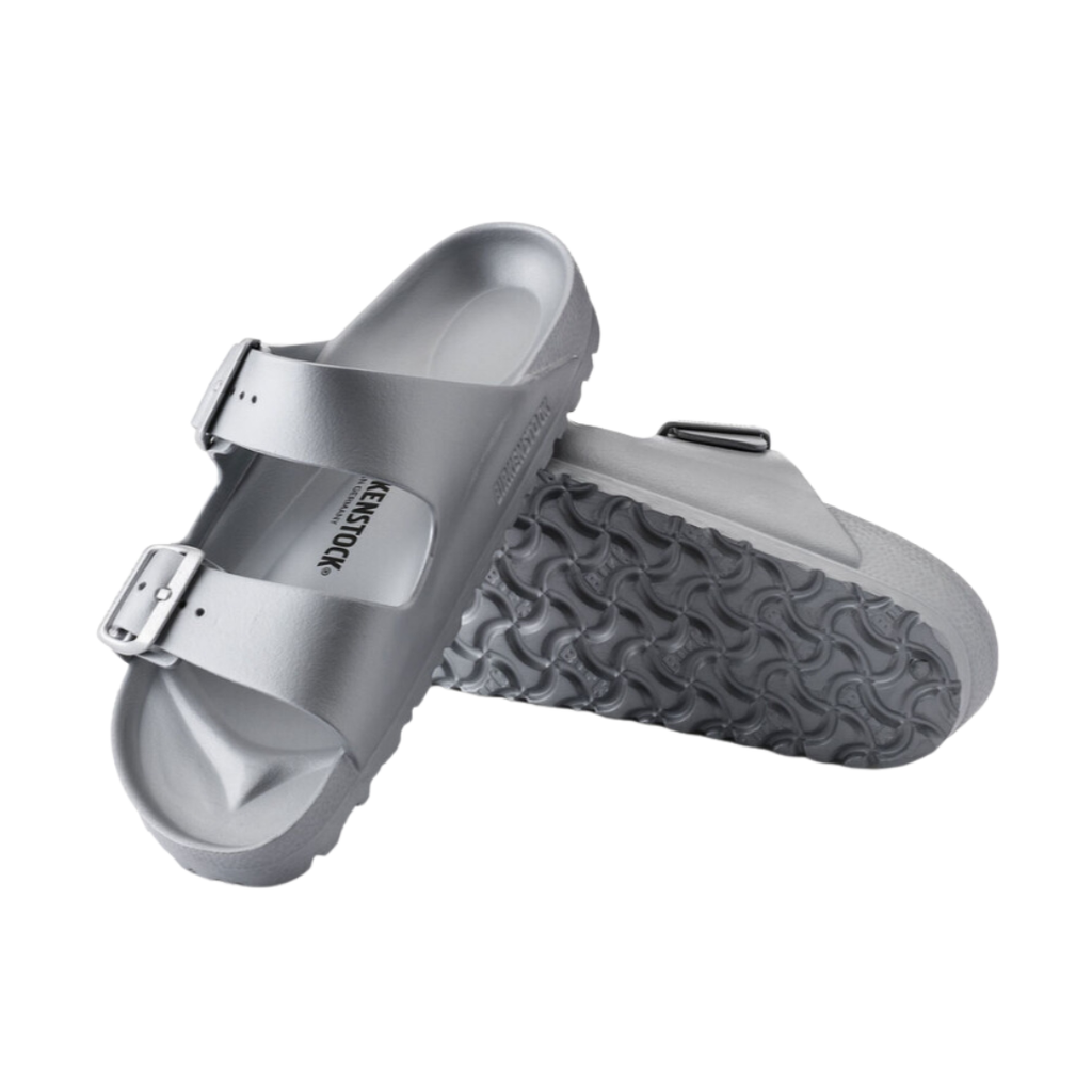 Top/bottom view of the Birkenstock Men’s Arizona Essential EVA in Metallic Silver, displaying both the contoured footbed with arch support and the flexible, quick-drying EVA outsole for all-day comfort and stability.