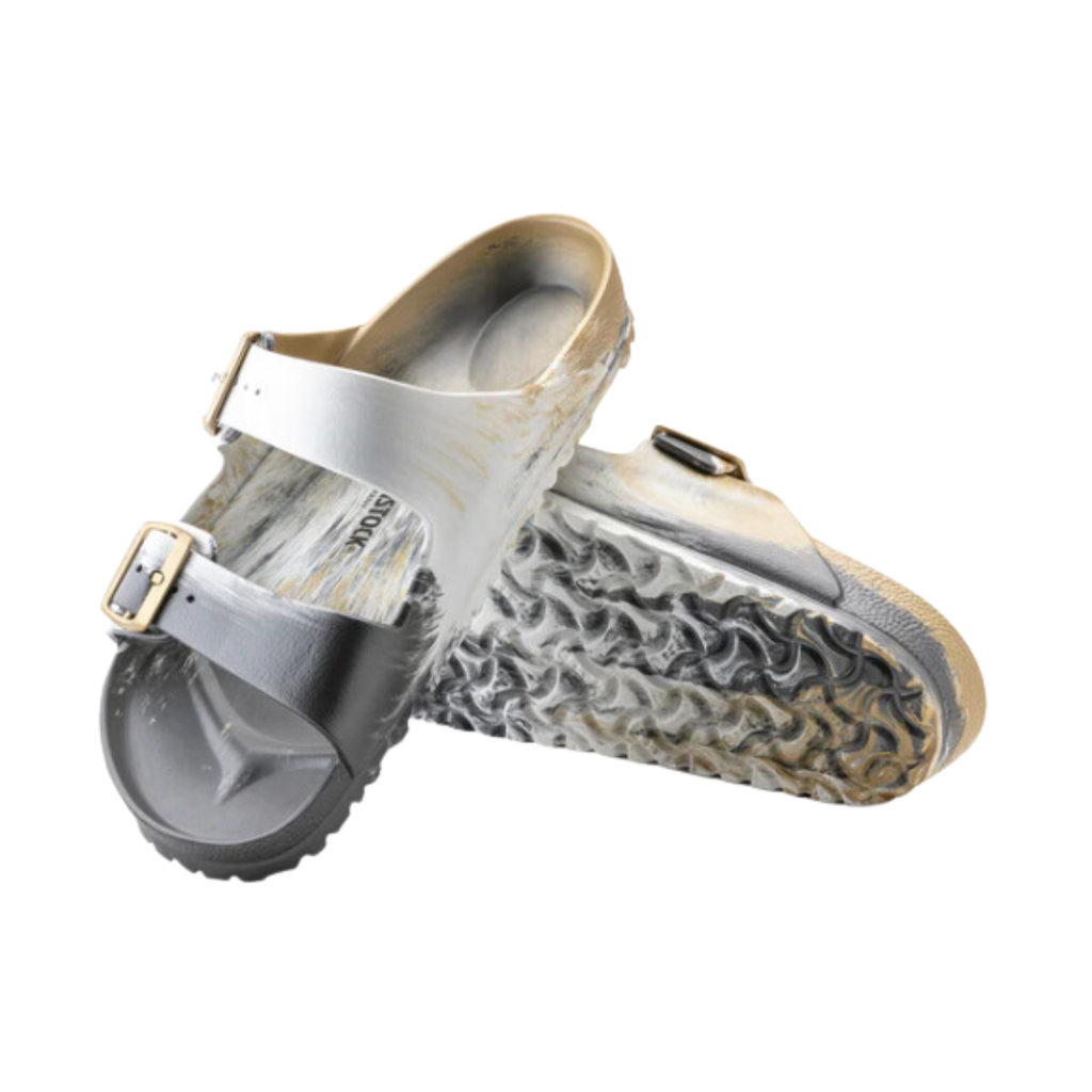 Top/bottom view of the Birkenstock Men’s Arizona Essential EVA in Multi Glamour Gold, displaying both the contoured footbed with arch support and the flexible, quick-drying EVA outsole for all-day comfort and stability.