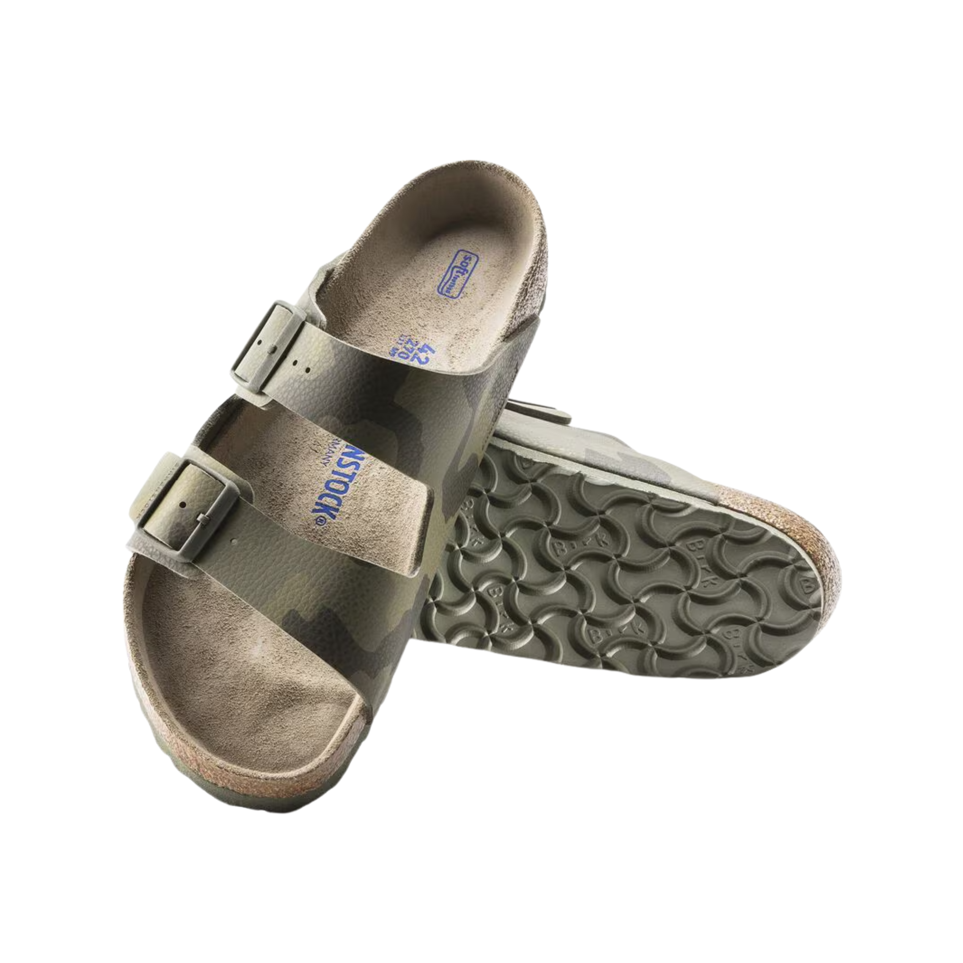 Top/bottom view of the Birkenstock Women’s Arizona Birko-Flor in Desert Soil Camo Green, displaying both the cushioned, contoured footbed with arch and heel support and the flexible EVA outsole designed for comfort, stability, and all-day wear.