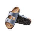 Top/bottom view of the Birkenstock Unisex Arizona Soft Footbed in Dusty Blue Oiled Leather, displaying both the cushioned cork-latex soft footbed with suede lining and the flexible EVA outsole for supportive, shock-absorbing comfort.