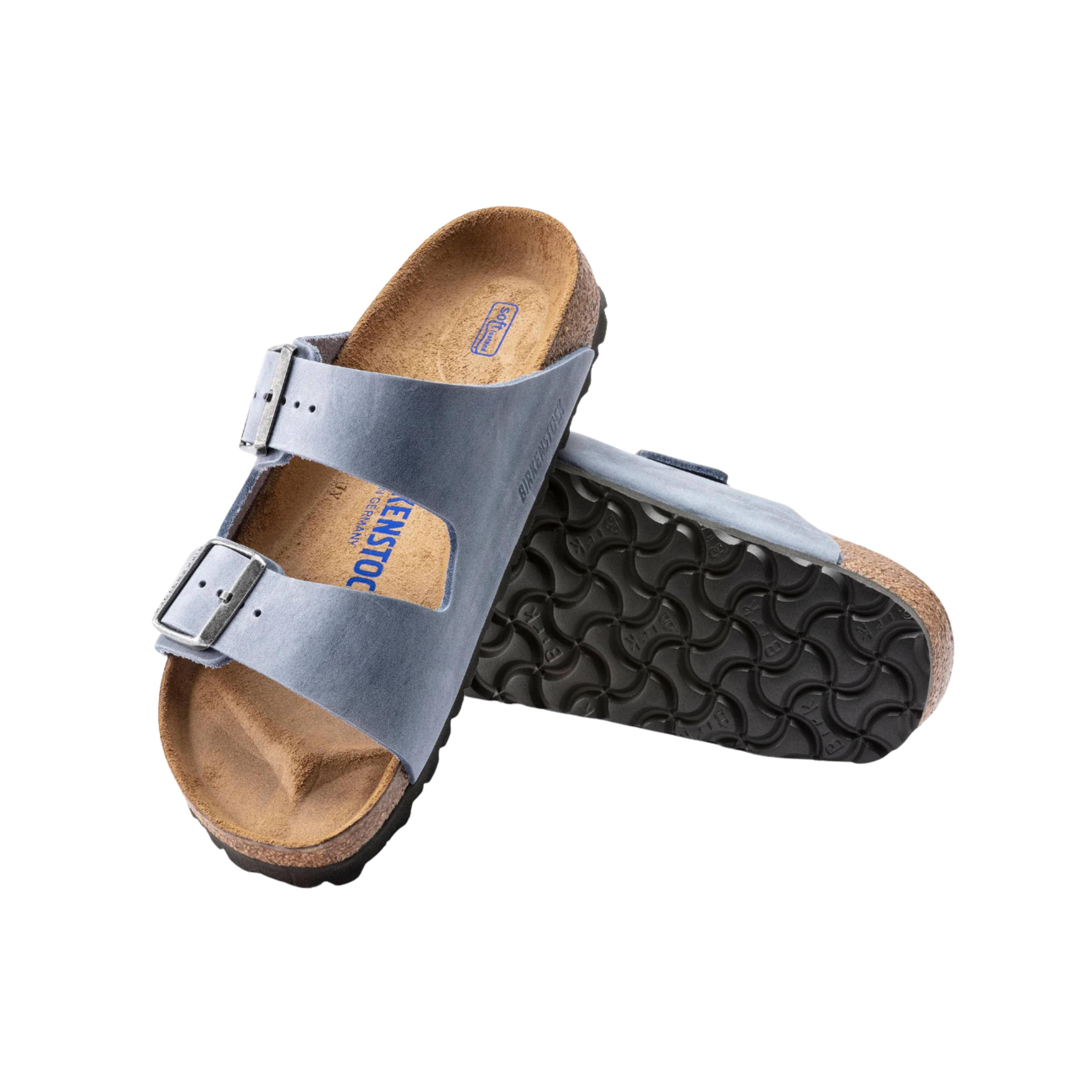 Top/bottom view of the Birkenstock Unisex Arizona Soft Footbed in Dusty Blue Oiled Leather, displaying both the cushioned cork-latex soft footbed with suede lining and the flexible EVA outsole for supportive, shock-absorbing comfort.