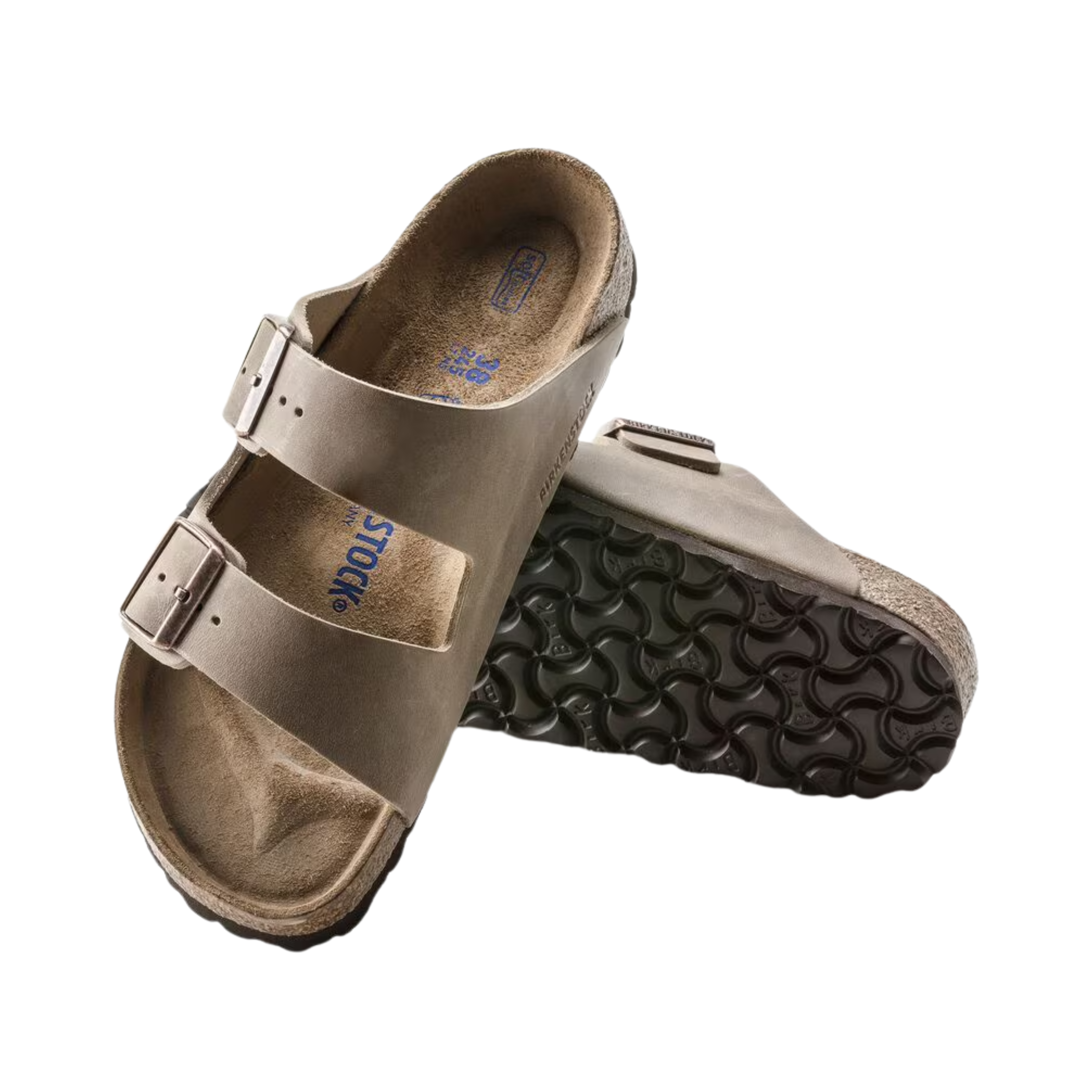 Top/bottom view of the Birkenstock Unisex Arizona Soft Footbed in Tobacco Brown Oiled Leather, displaying both the cushioned cork-latex soft footbed with suede lining and the flexible EVA outsole for supportive, shock-absorbing comfort.