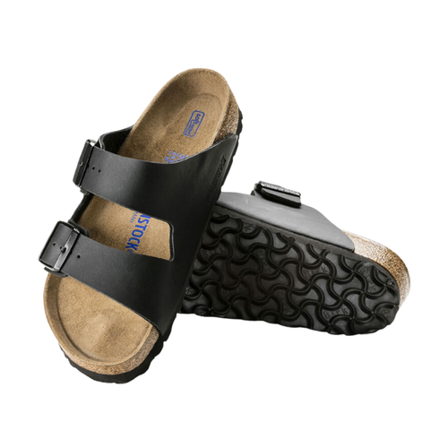 Top/bottom view of the Birkenstock Men’s Arizona Soft Footbed Birko-Flor in Black, displaying both the cushioned, anatomically shaped footbed with arch and heel support and the durable, flexible EVA outsole for stability, comfort, and everyday wear.